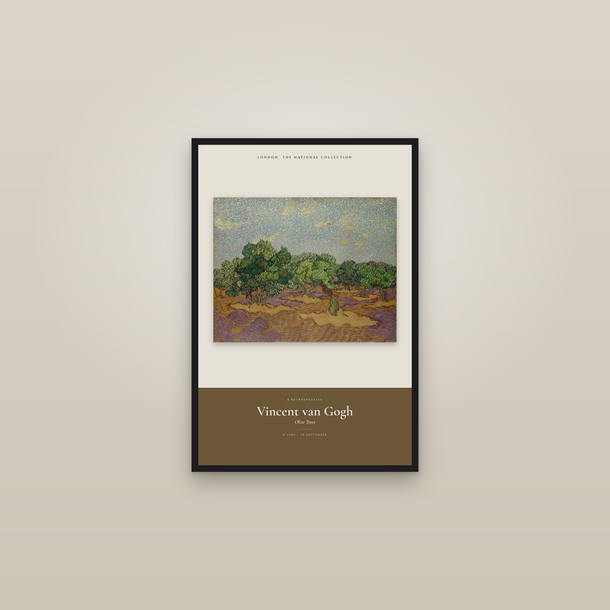 Olive Trees — Exhibition Poster — framed in a gallery setting