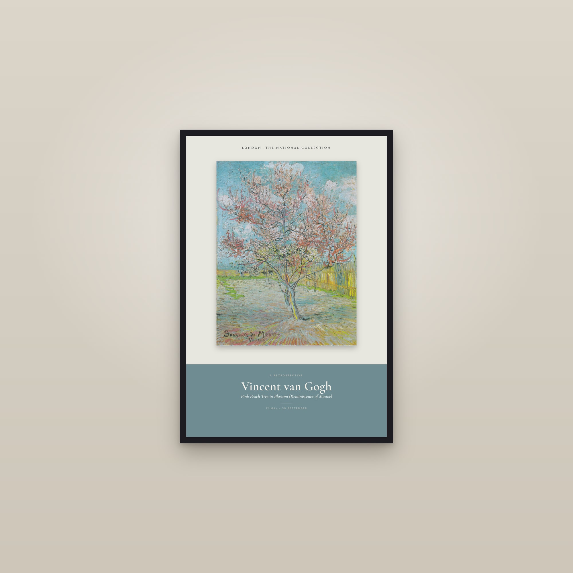 Pink Peach Tree in Blossom (Reminiscence of Mauve) — Exhibition Poster — framed in a gallery setting