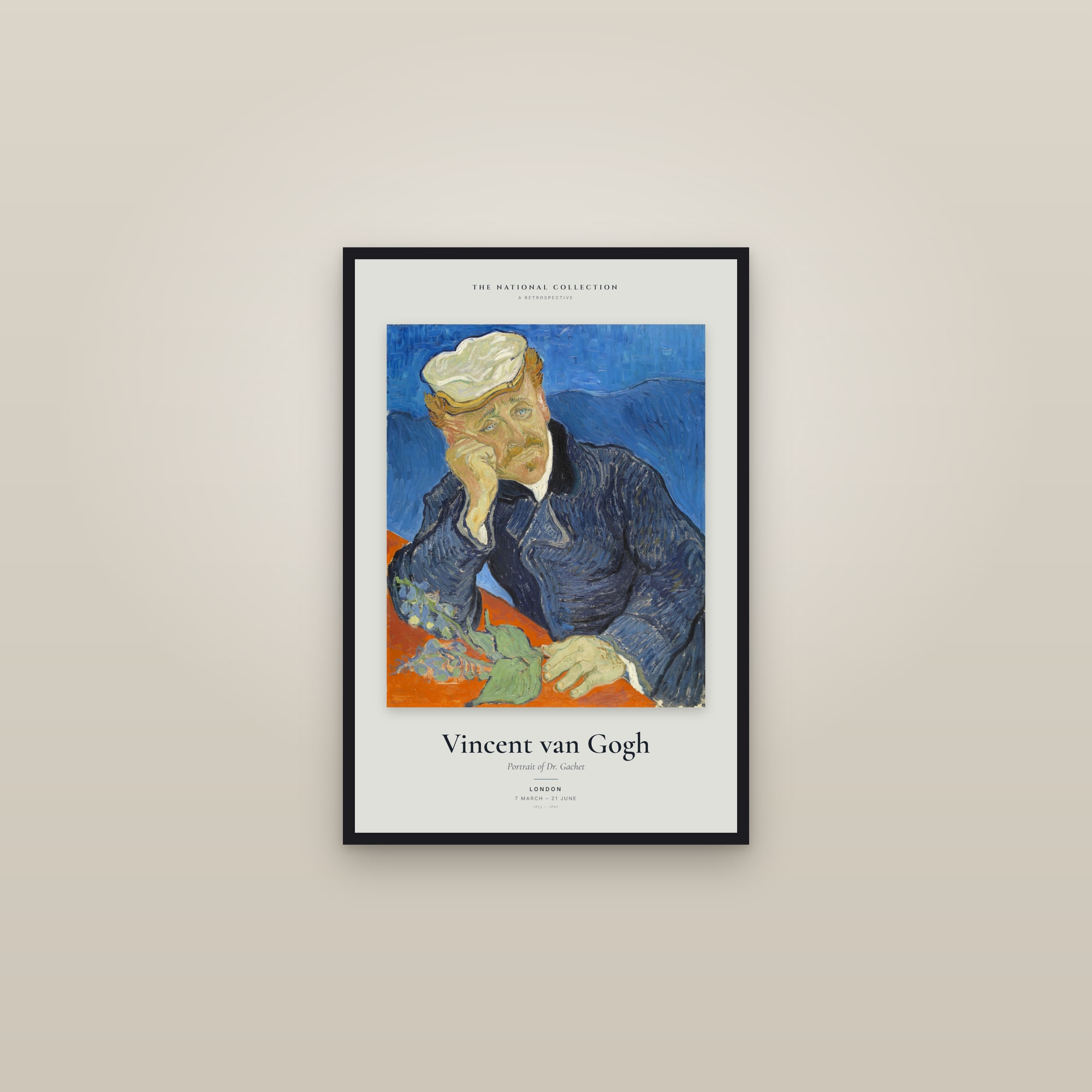 Portrait of Dr. Gachet — Exhibition Poster — framed in a gallery setting