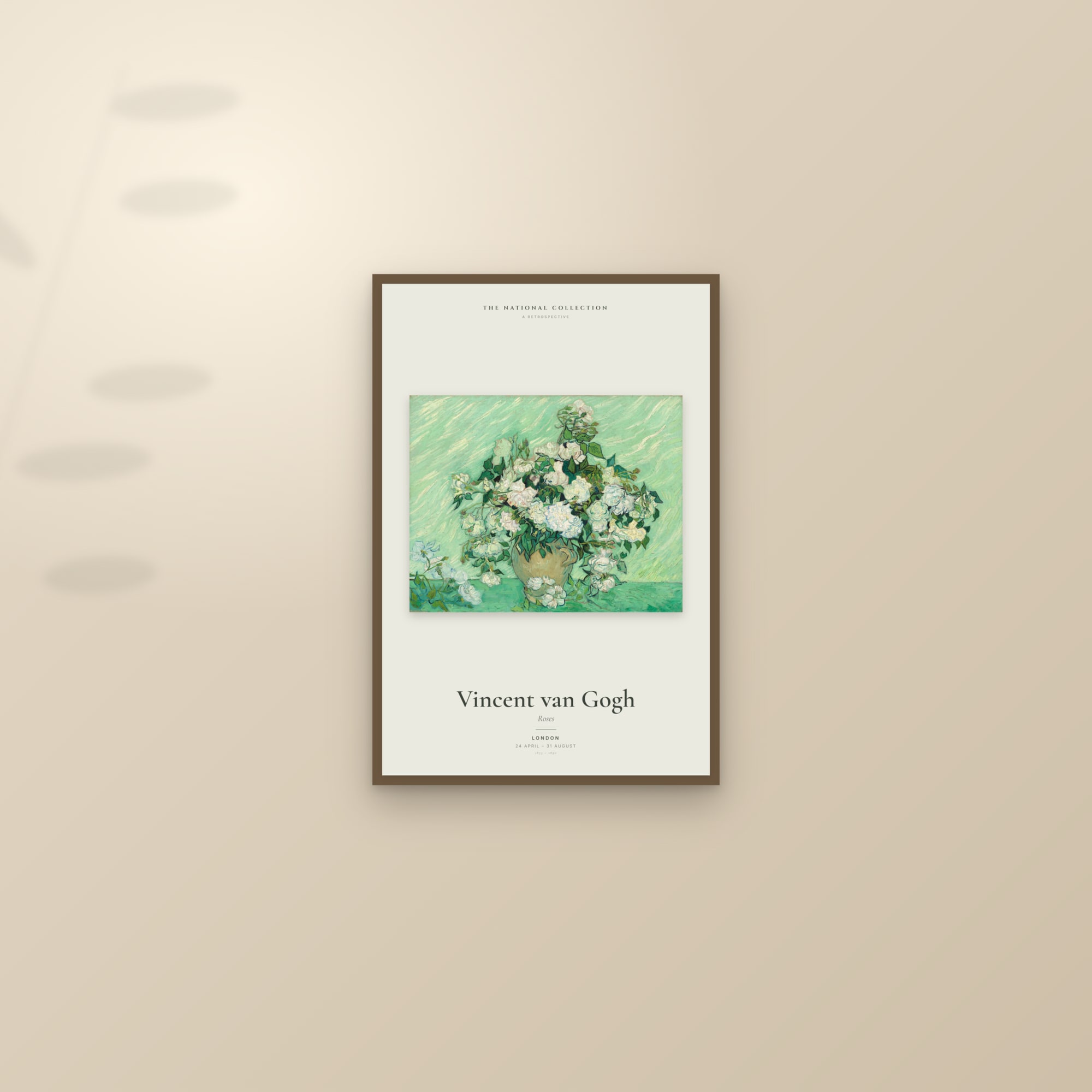 Roses — Exhibition Poster — framed and styled on a sunlit wall