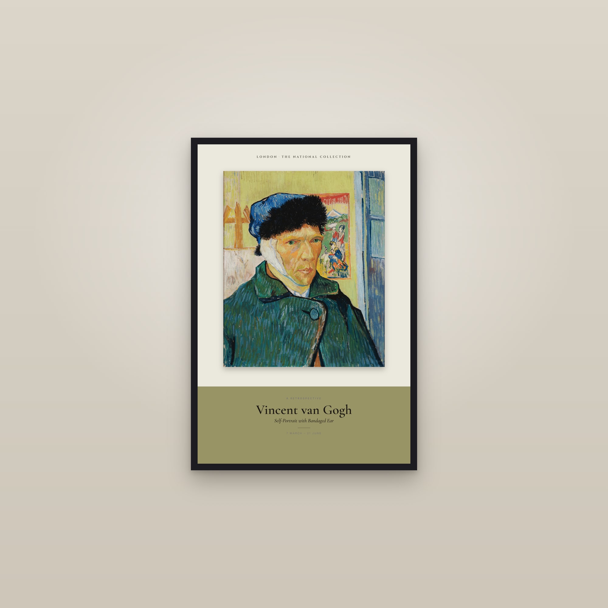 Self-Portrait with Bandaged Ear — Exhibition Poster — framed in a gallery setting