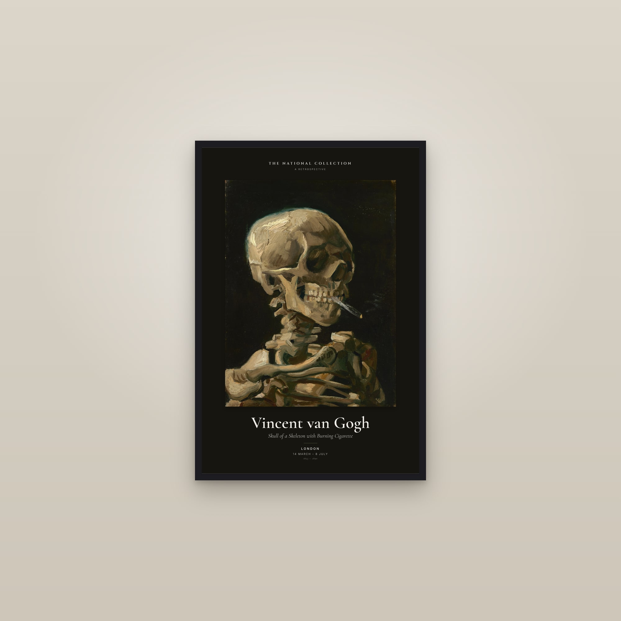 Skull of a Skeleton with Burning Cigarette — Exhibition Poster — framed in a gallery setting