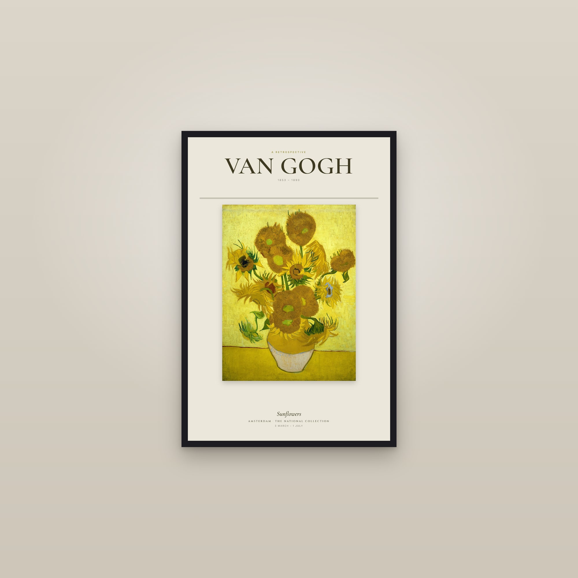 Sunflowers (Van Gogh Museum) — Exhibition Poster — framed in a gallery setting