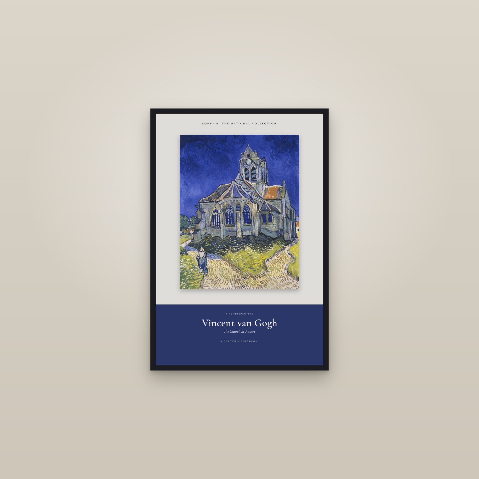 The Church at Auvers — Exhibition Poster — framed in a gallery setting