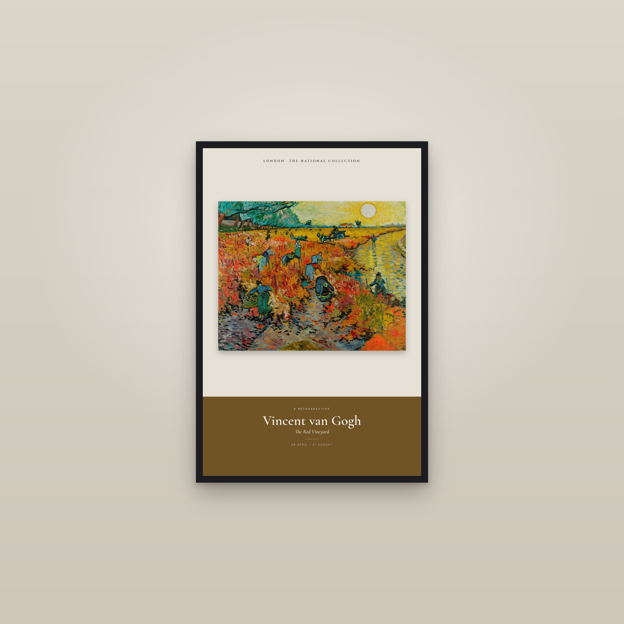 The Red Vineyard — Exhibition Poster — framed in a gallery setting
