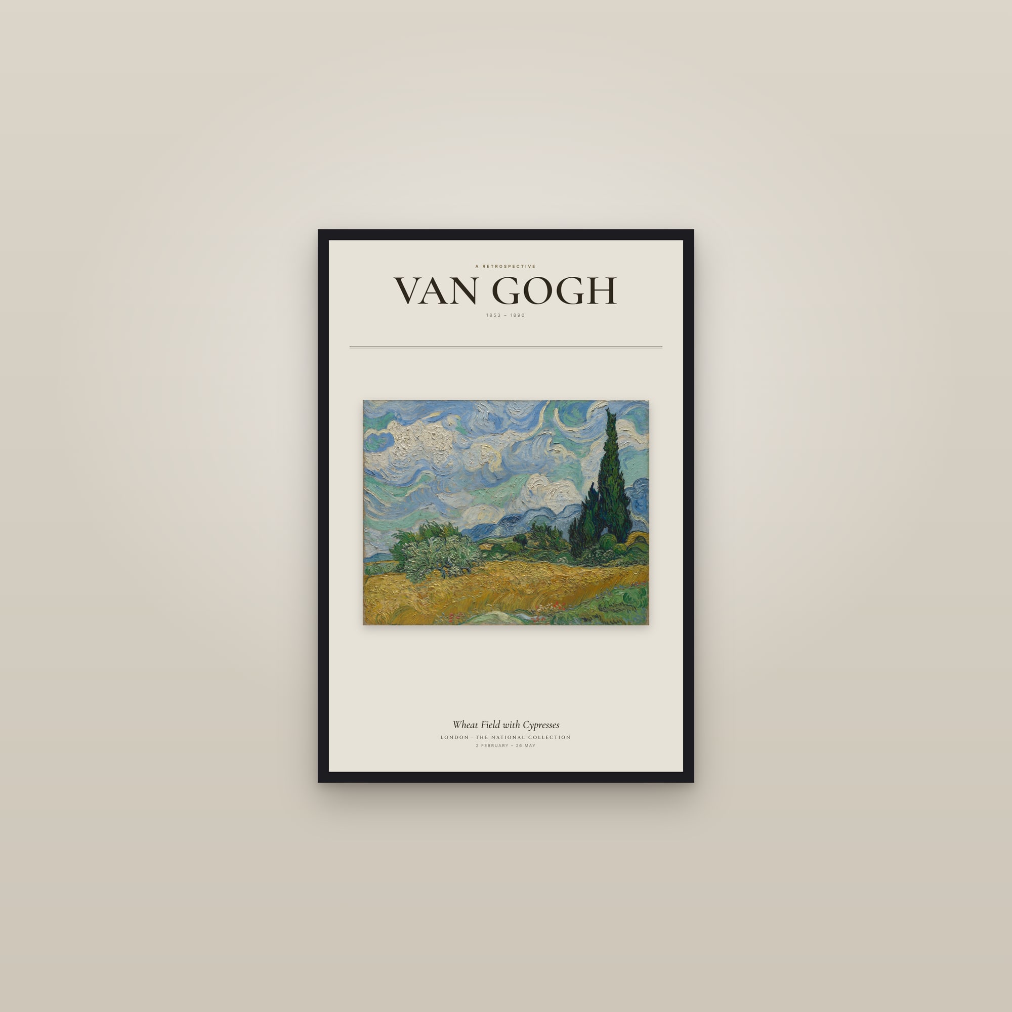 Wheat Field with Cypresses — Exhibition Poster — framed in a gallery setting