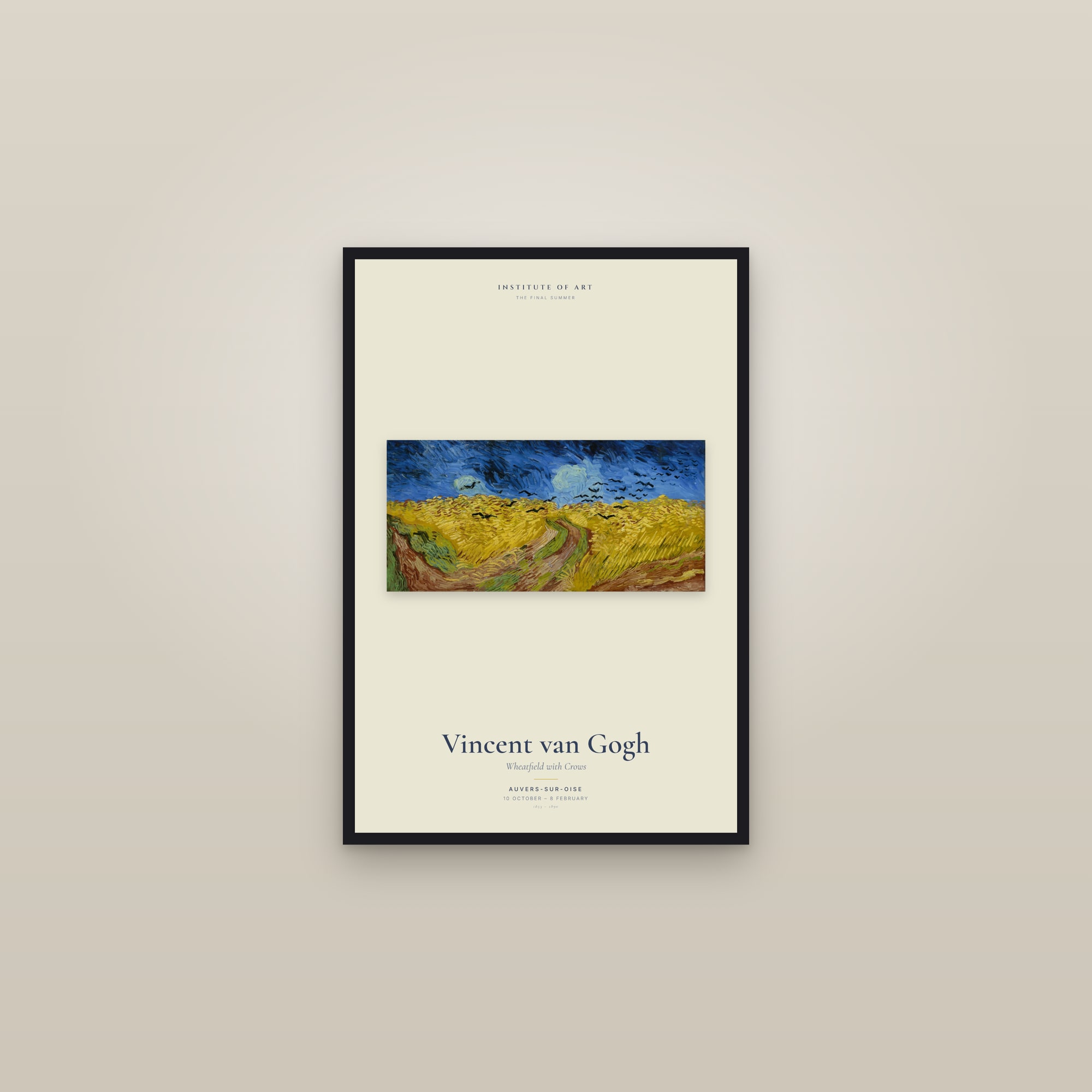 Wheatfield with Crows — Exhibition Poster — framed in a gallery setting