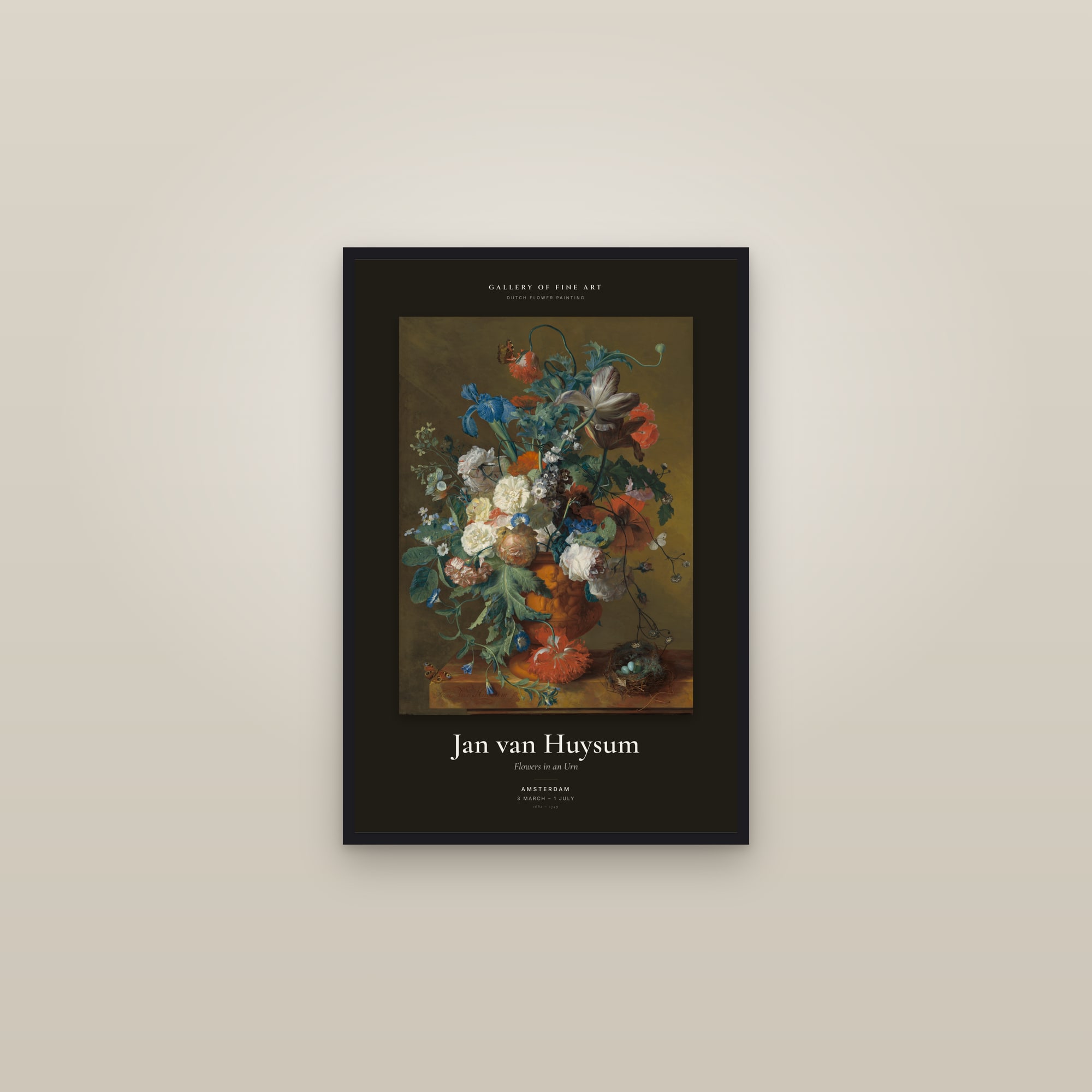 Flowers in an Urn — Exhibition Poster — framed in a gallery setting