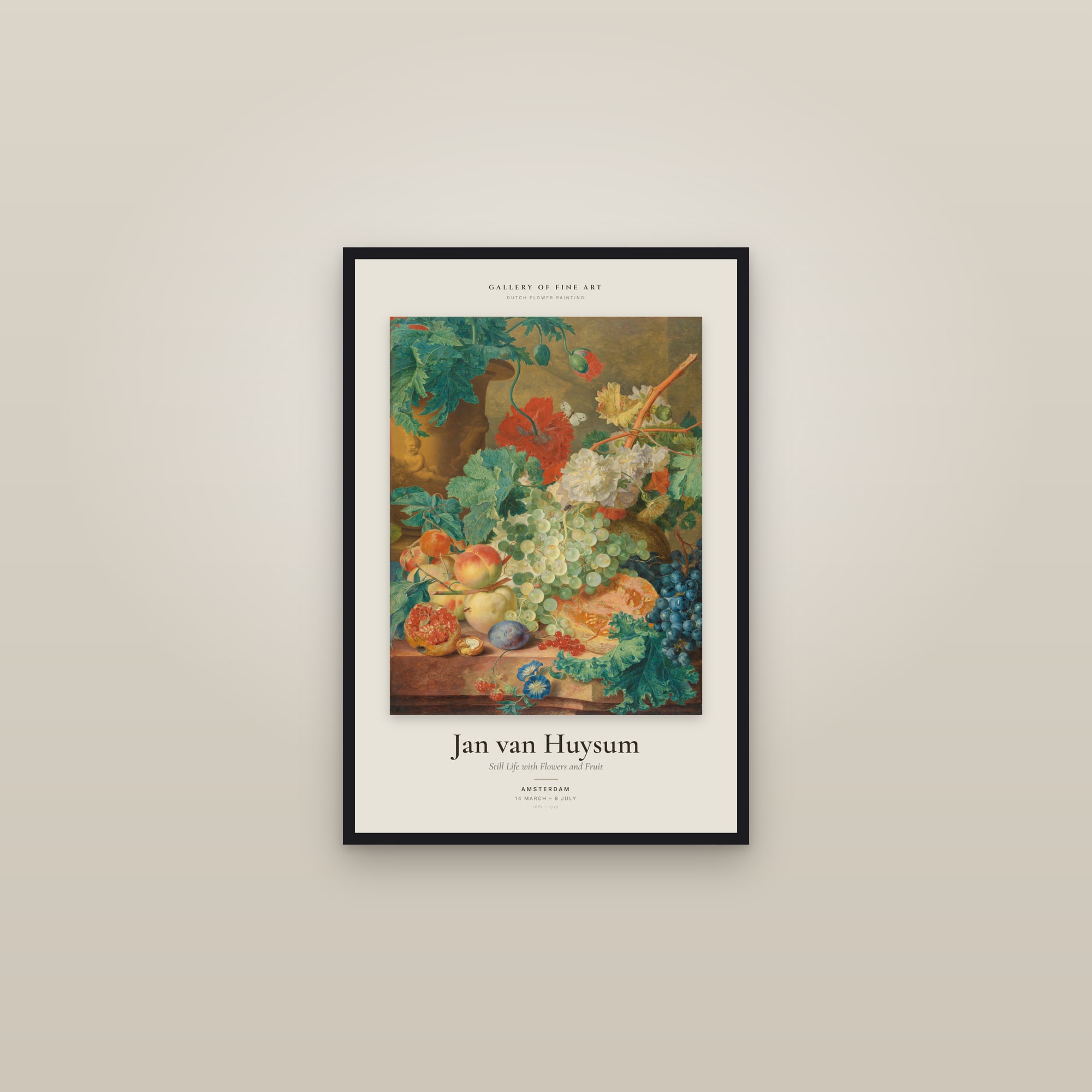 Still Life with Flowers and Fruit — Exhibition Poster — framed in a gallery setting