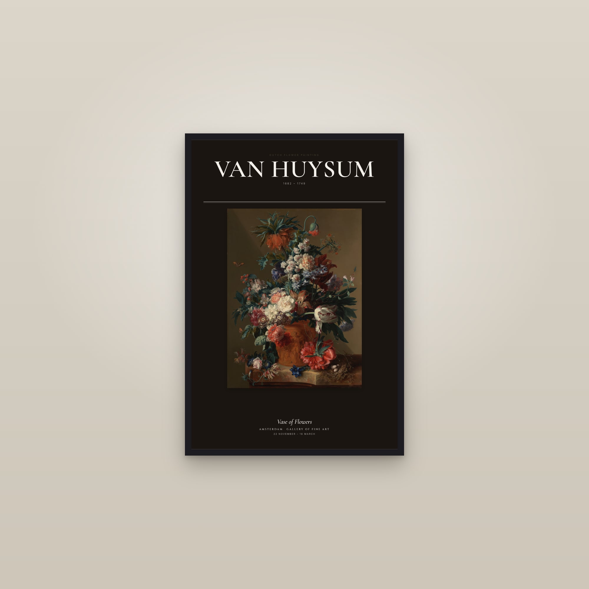 Vase of Flowers (Van Huysum) — Exhibition Poster — framed in a gallery setting