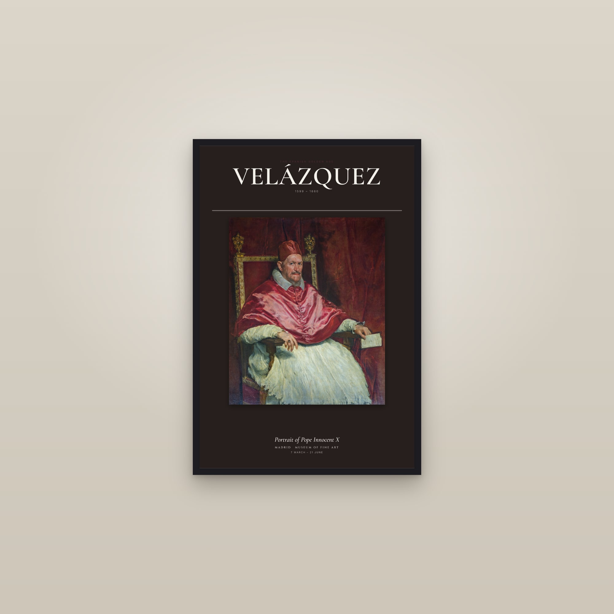 Portrait of Pope Innocent X — Exhibition Poster — framed in a gallery setting