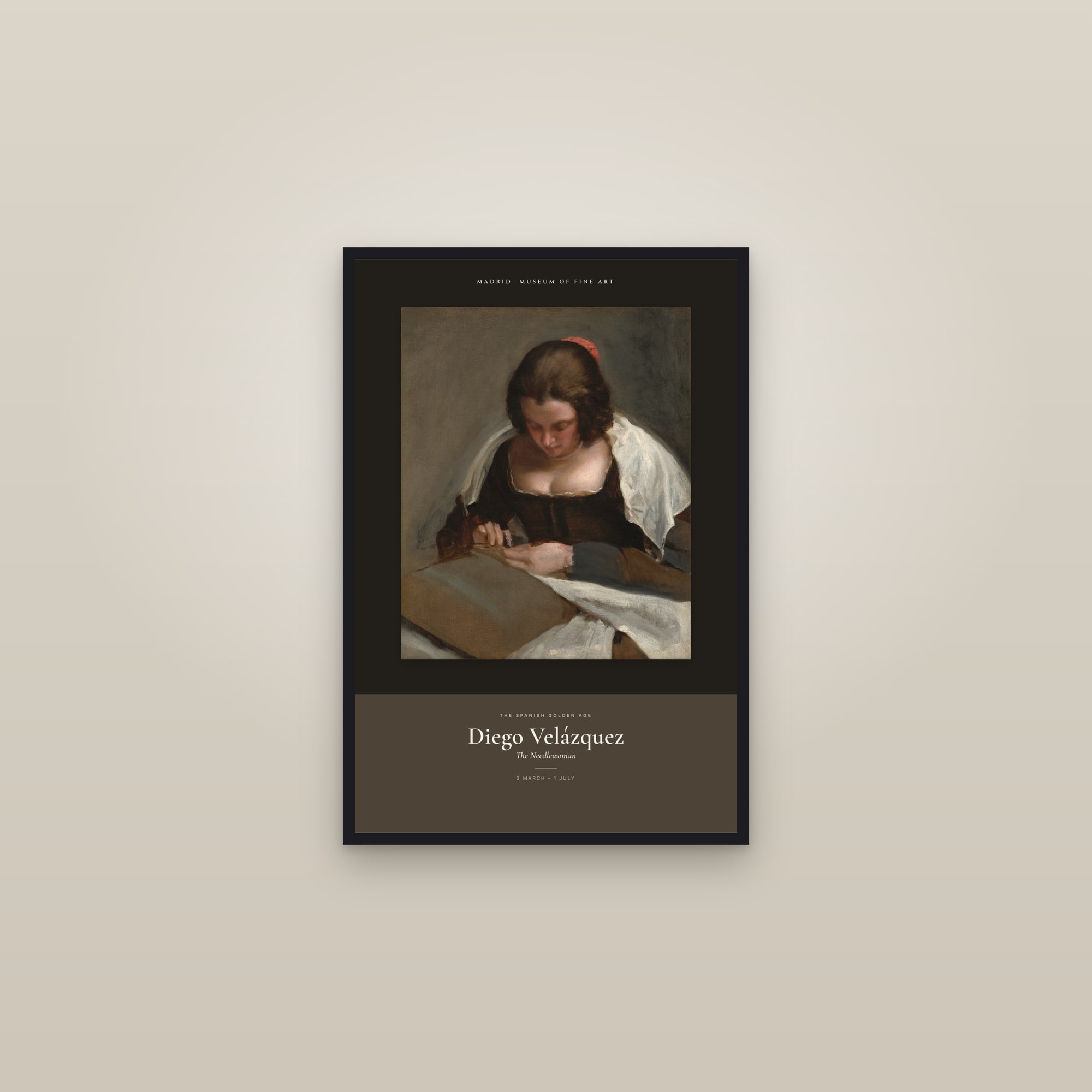 The Needlewoman — Exhibition Poster — framed in a gallery setting