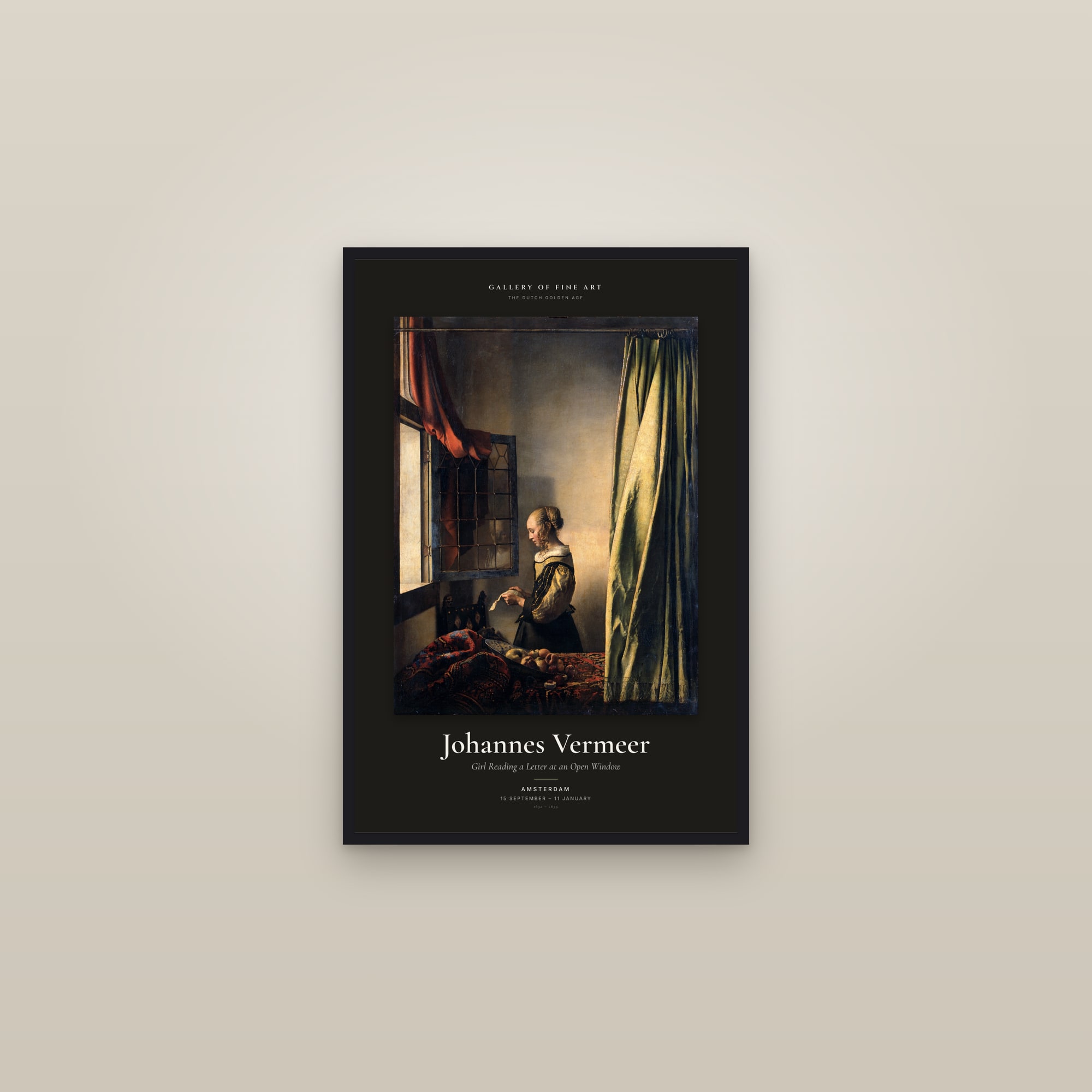 Girl Reading a Letter at an Open Window — Exhibition Poster — framed in a gallery setting