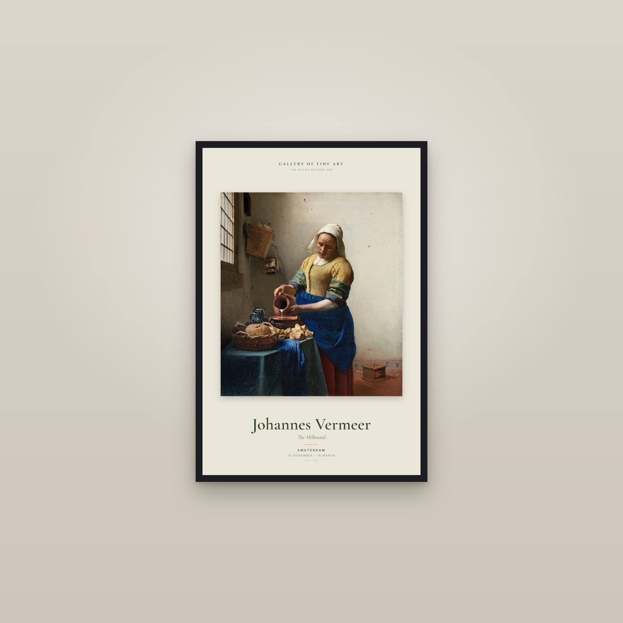 The Milkmaid — Exhibition Poster — framed in a gallery setting