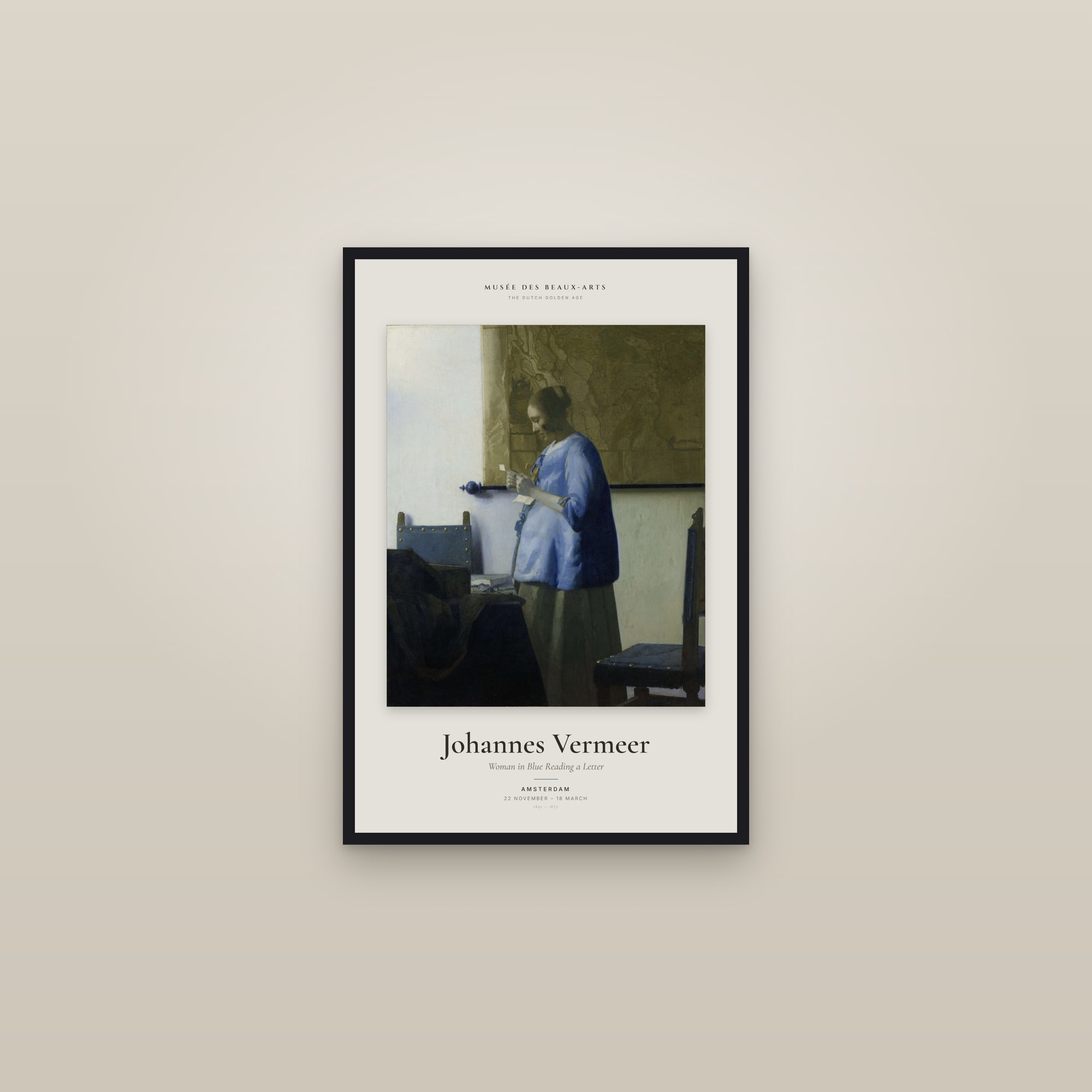 Woman in Blue Reading a Letter — Exhibition Poster — framed in a gallery setting