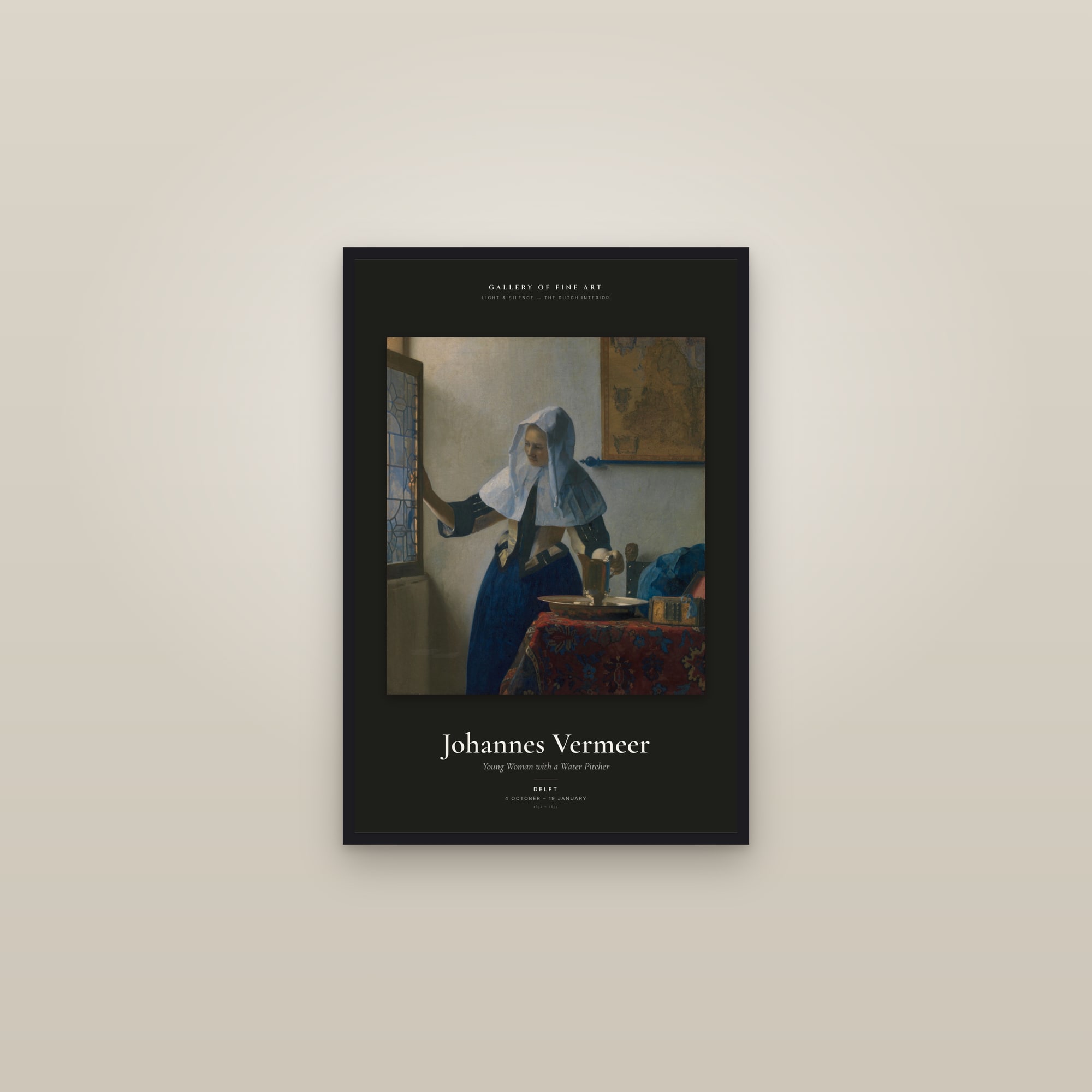 Young Woman with a Water Pitcher — Exhibition Poster — framed in a gallery setting