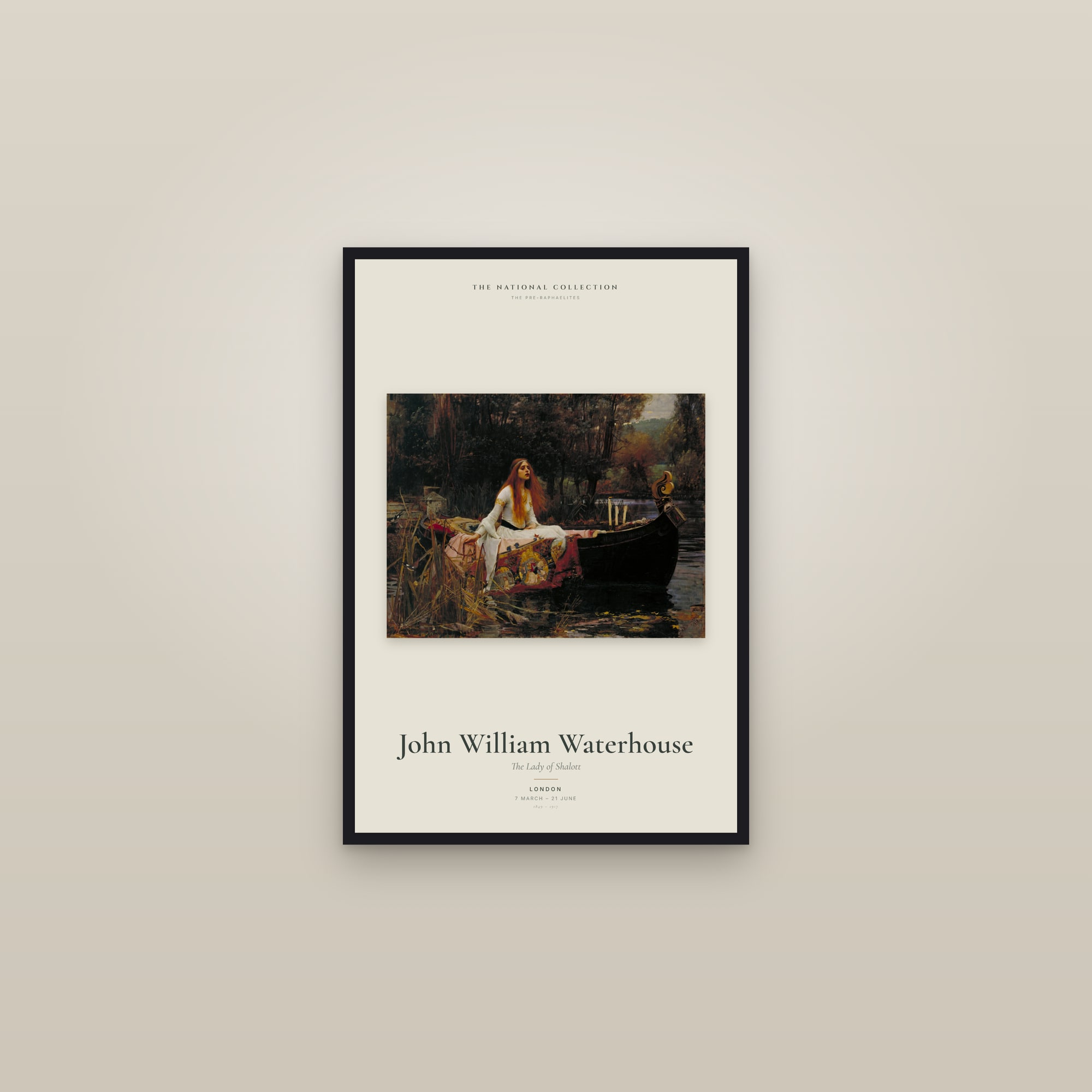 The Lady of Shalott — Exhibition Poster — framed in a gallery setting