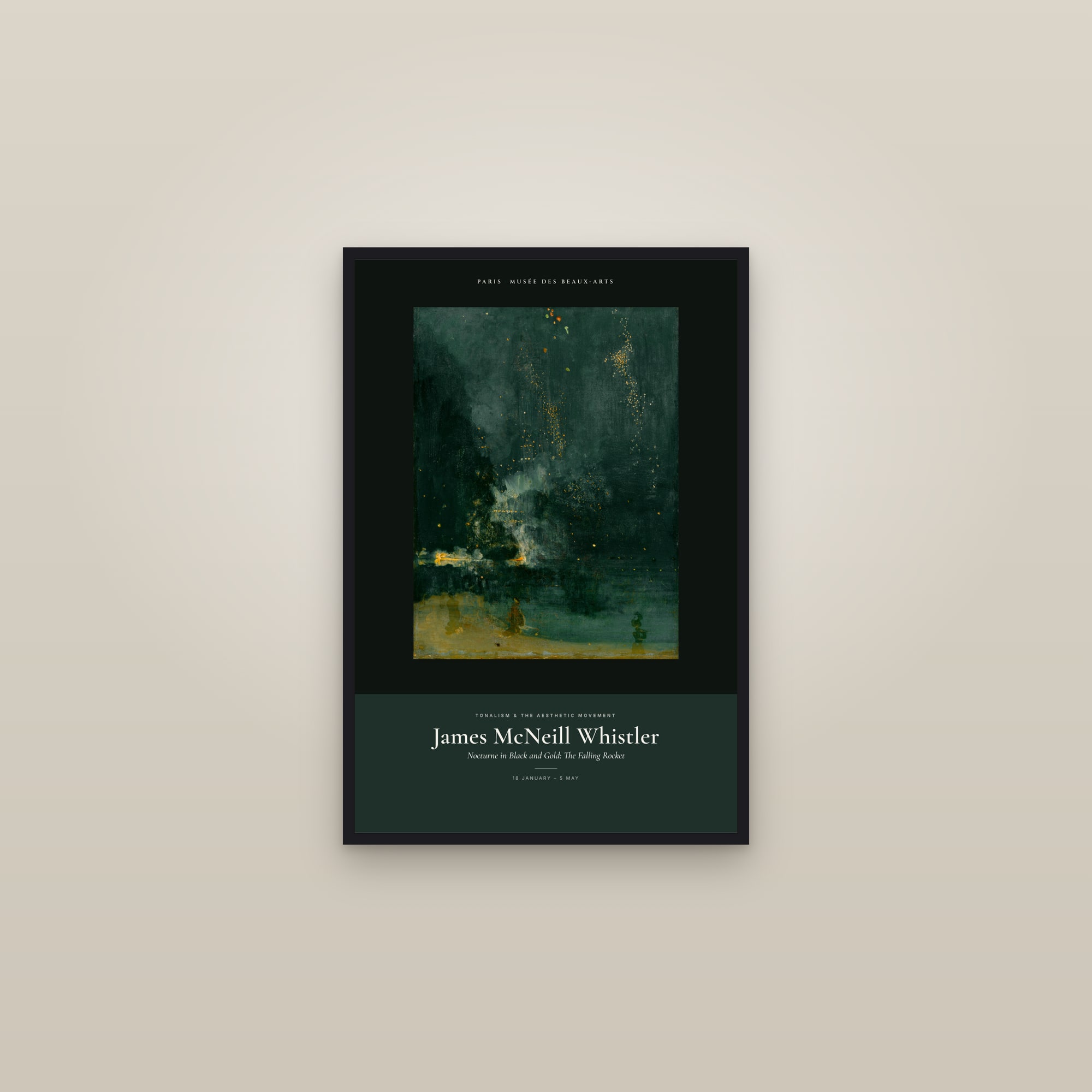 Nocturne in Black and Gold: The Falling Rocket — Exhibition Poster — framed in a gallery setting