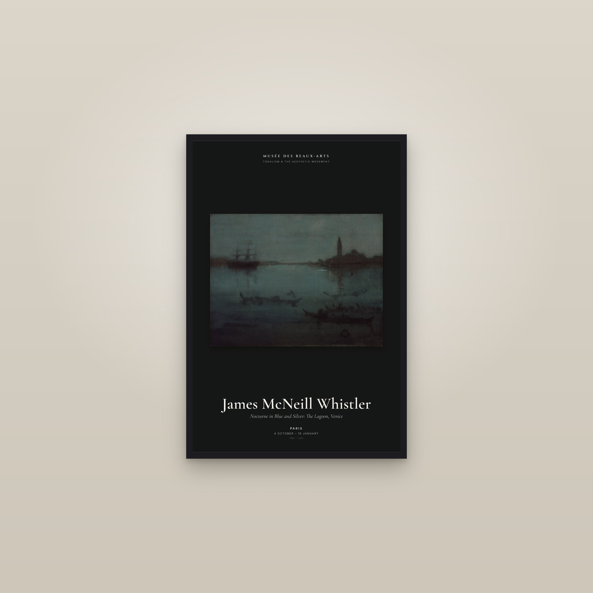Nocturne in Blue and Silver: The Lagoon, Venice — Exhibition Poster — framed in a gallery setting