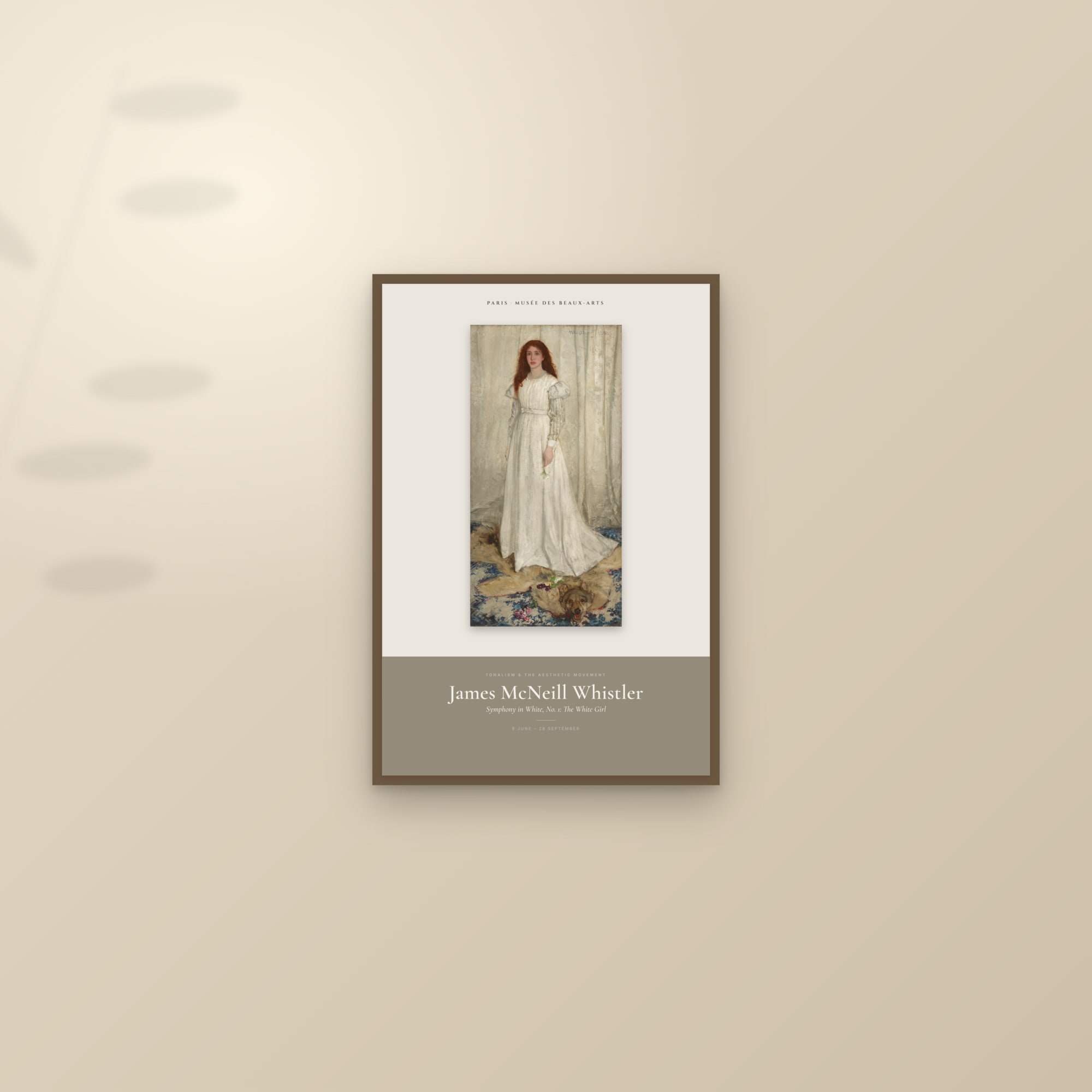 Symphony in White, No. 1: The White Girl — Exhibition Poster — framed and styled on a sunlit wall