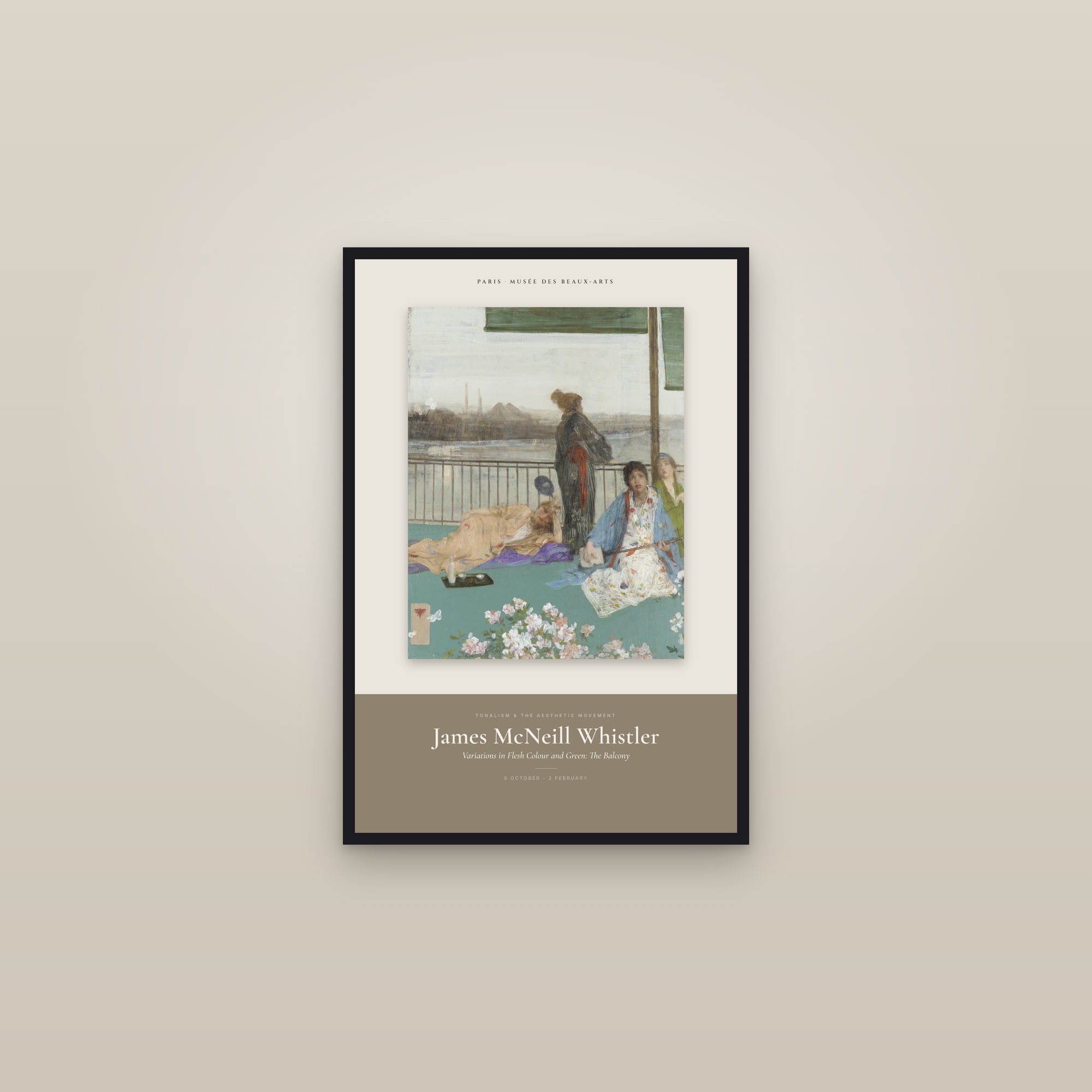 Variations in Flesh Colour and Green: The Balcony — Exhibition Poster — framed in a gallery setting