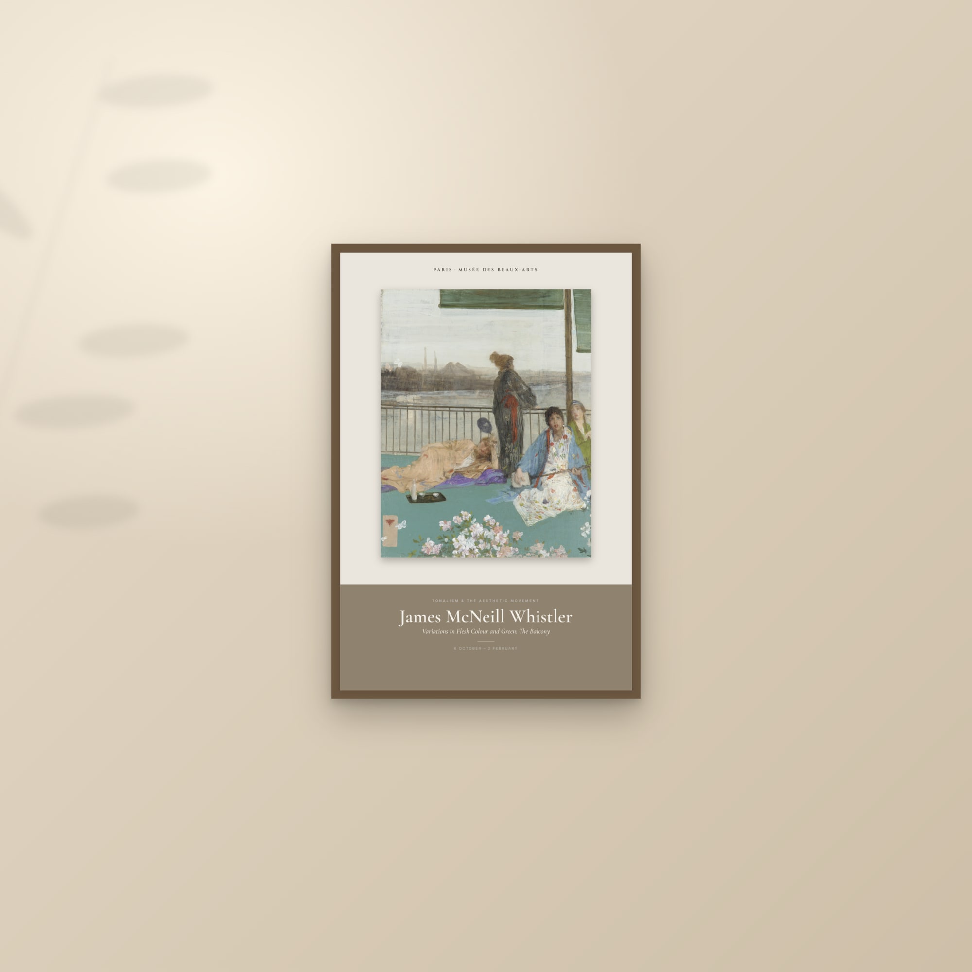 Variations in Flesh Colour and Green: The Balcony — Exhibition Poster — framed and styled on a sunlit wall