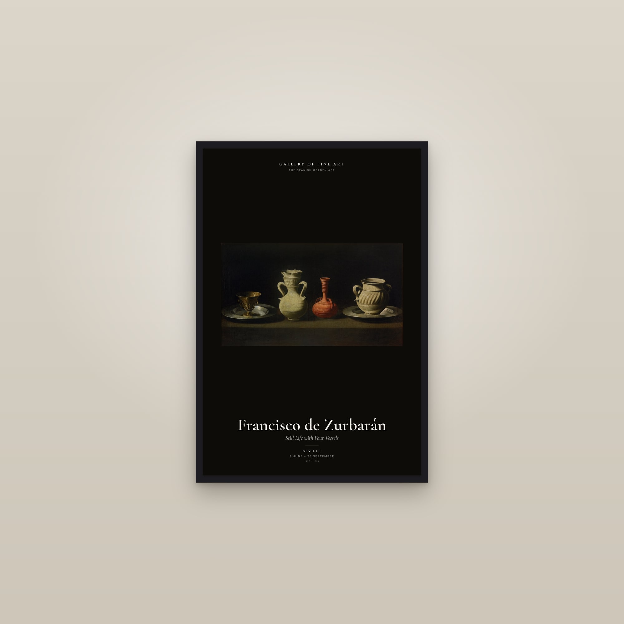 Still Life with Four Vessels — Exhibition Poster — framed in a gallery setting
