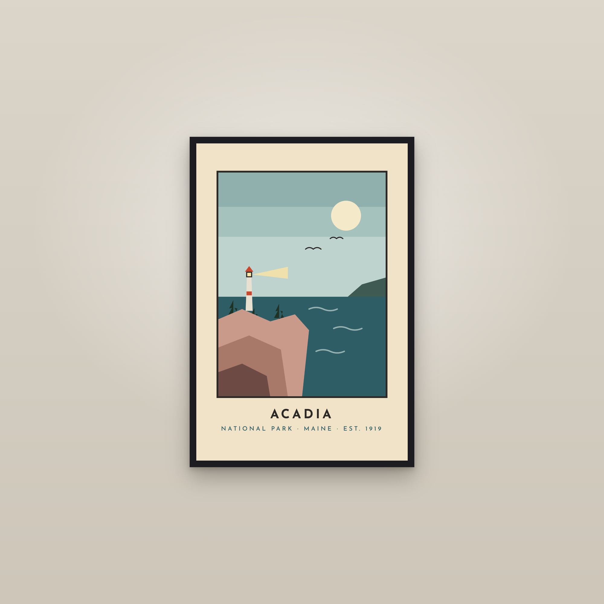 Acadia National Park Poster — Lighthouse Retro Travel Print — framed in a gallery setting