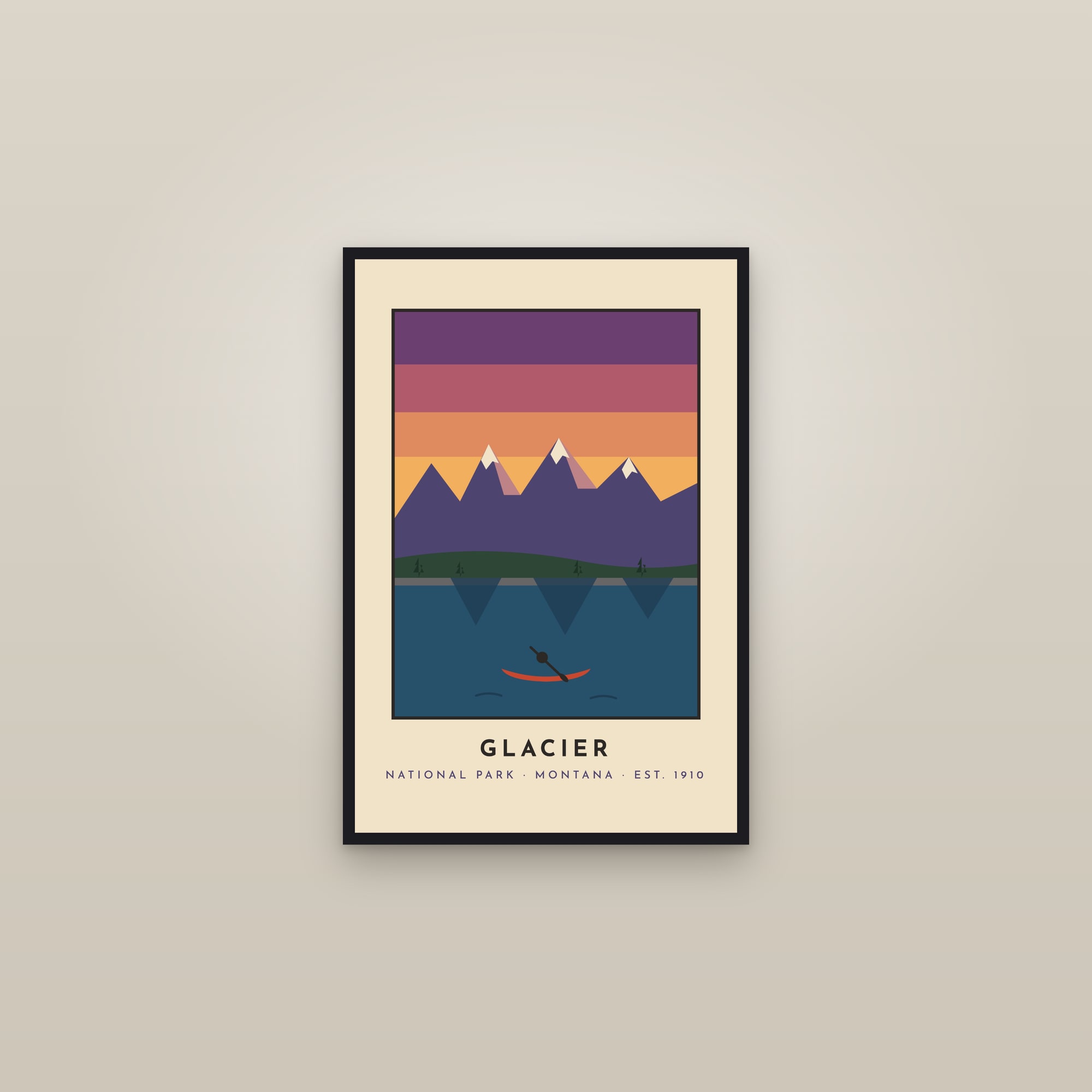 Glacier National Park Poster — Retro Travel Print — framed in a gallery setting