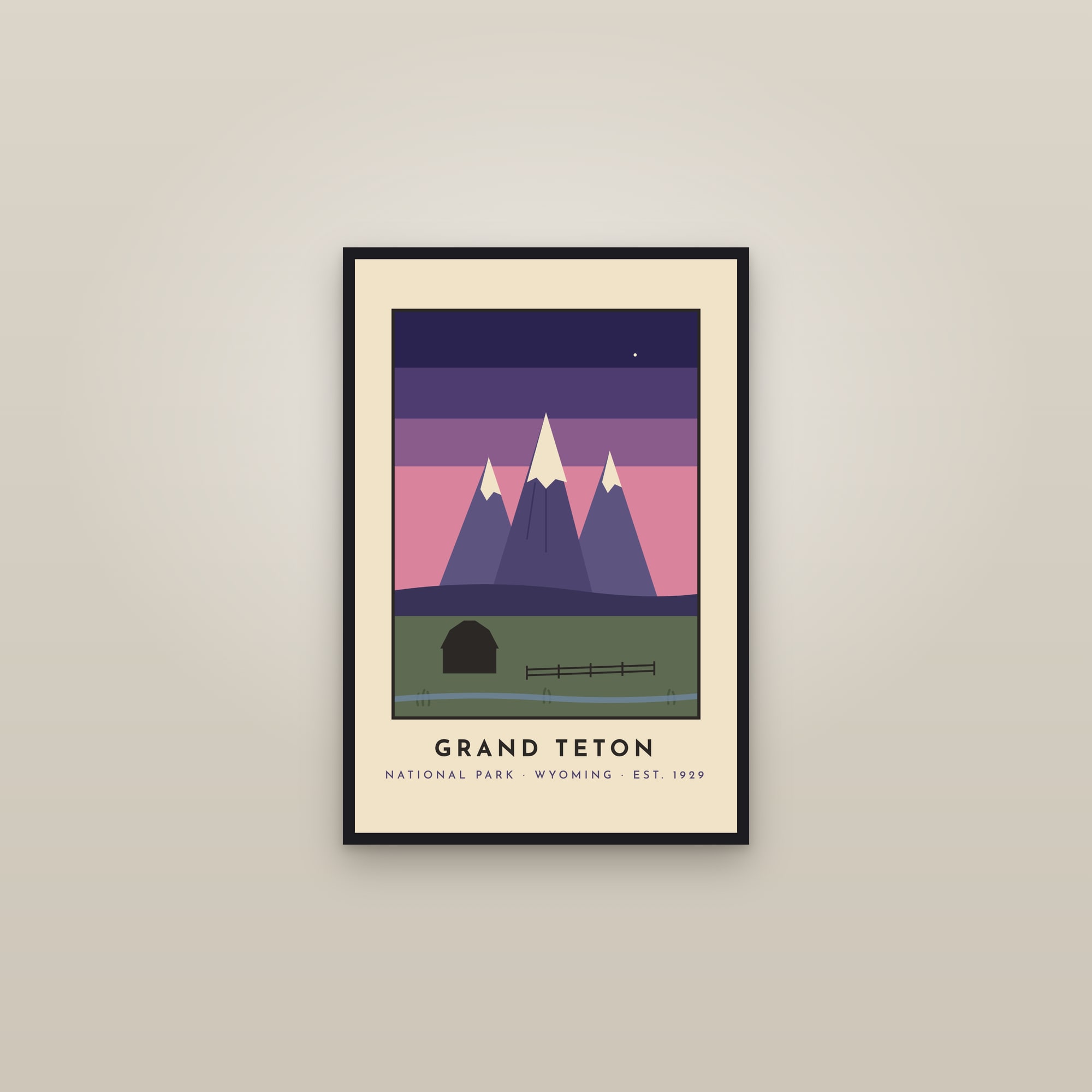 Grand Teton National Park Poster — Retro Travel Print — framed in a gallery setting