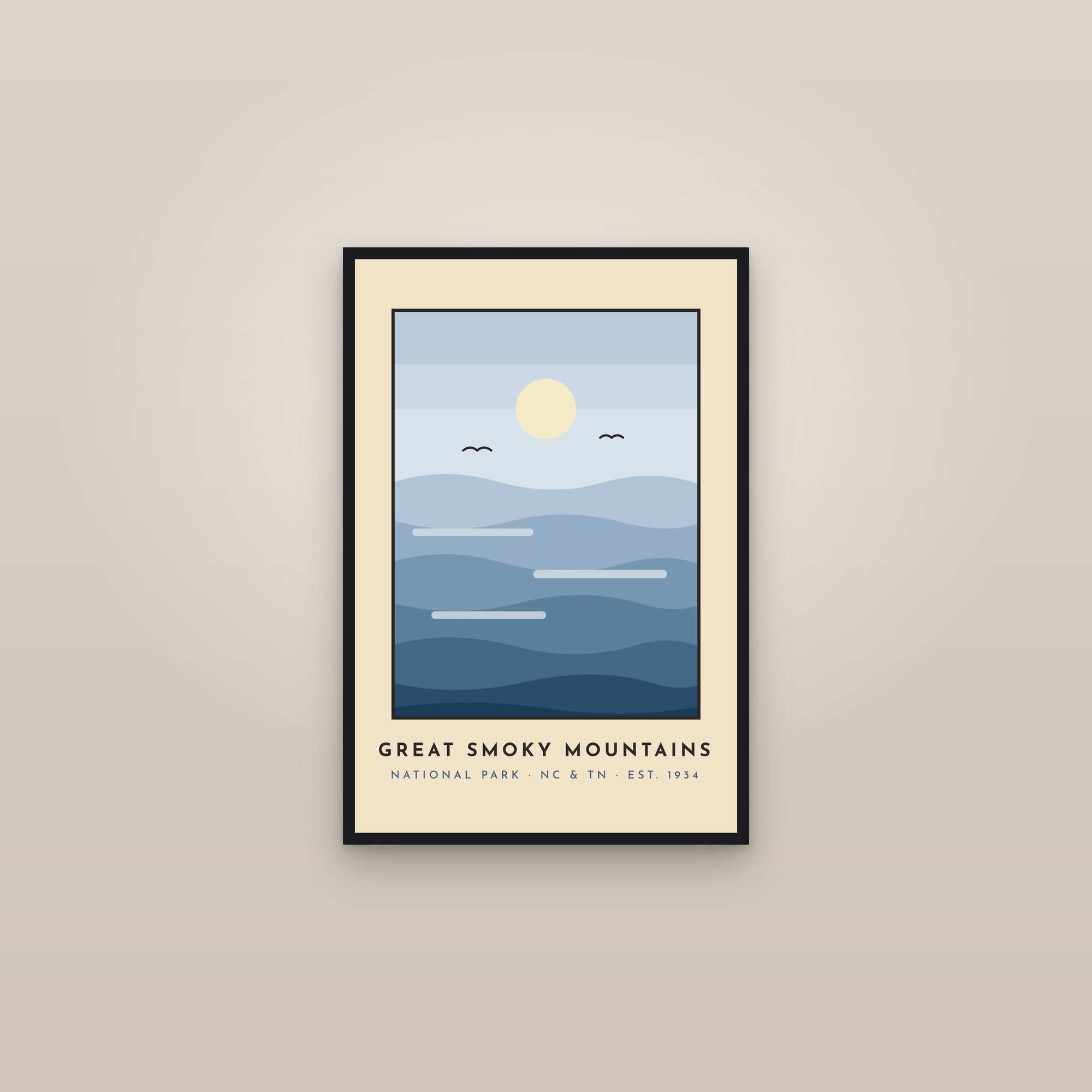 Great Smoky Mountains Poster — Blue Ridge Retro Print — framed in a gallery setting