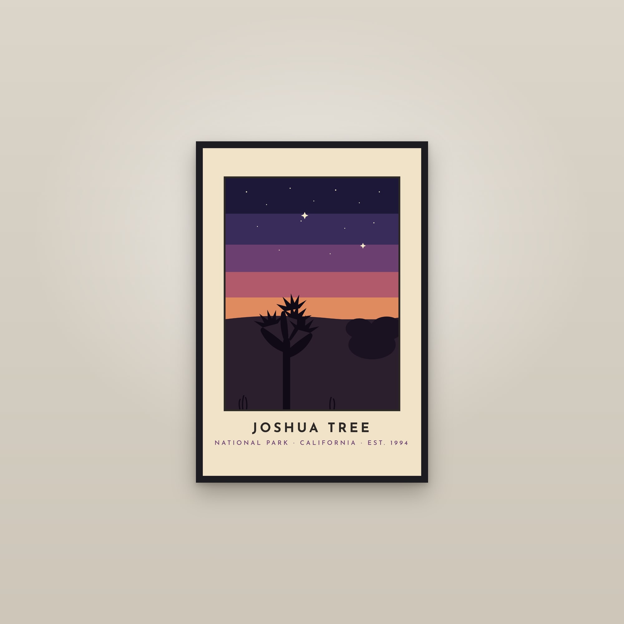 Joshua Tree National Park Poster — Night Sky Retro Print — framed in a gallery setting