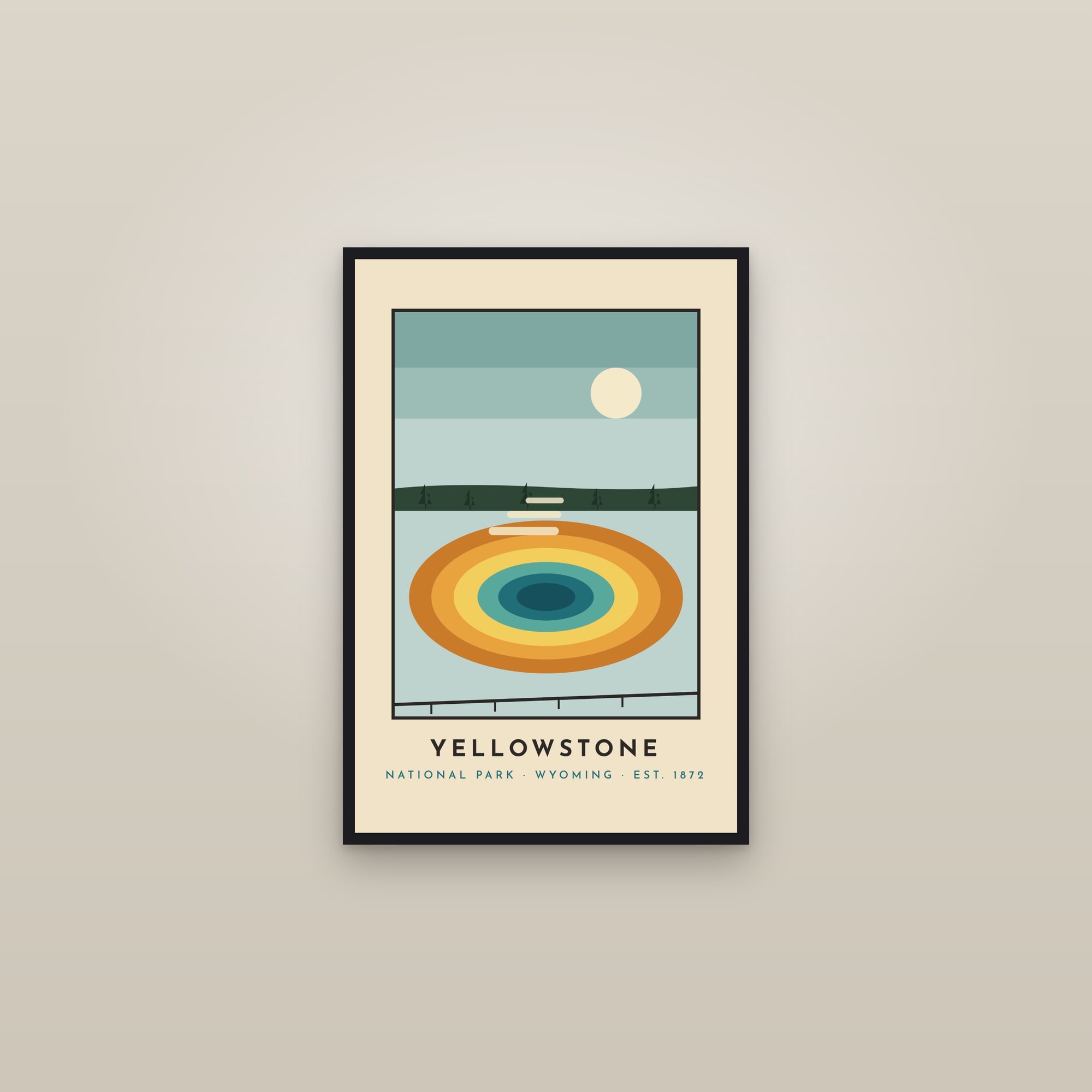 Yellowstone National Park Poster — Grand Prismatic Retro Print — framed in a gallery setting