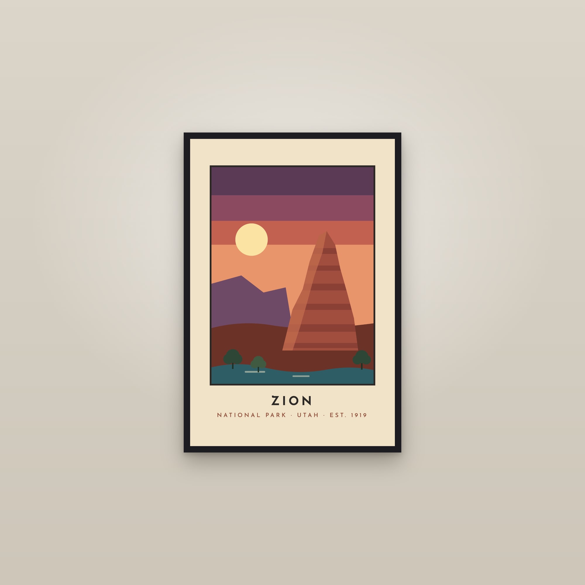 Zion National Park Poster — Retro Travel Print — framed in a gallery setting