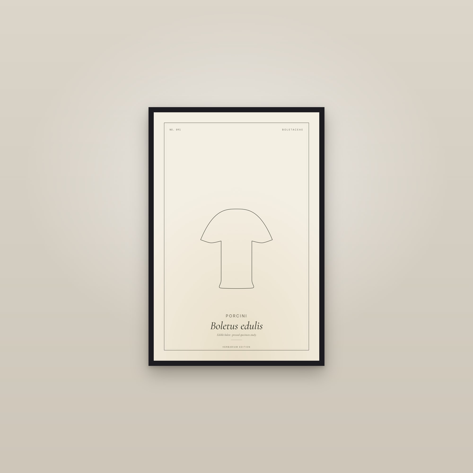 Porcini — Botanical Specimen — framed in a gallery setting