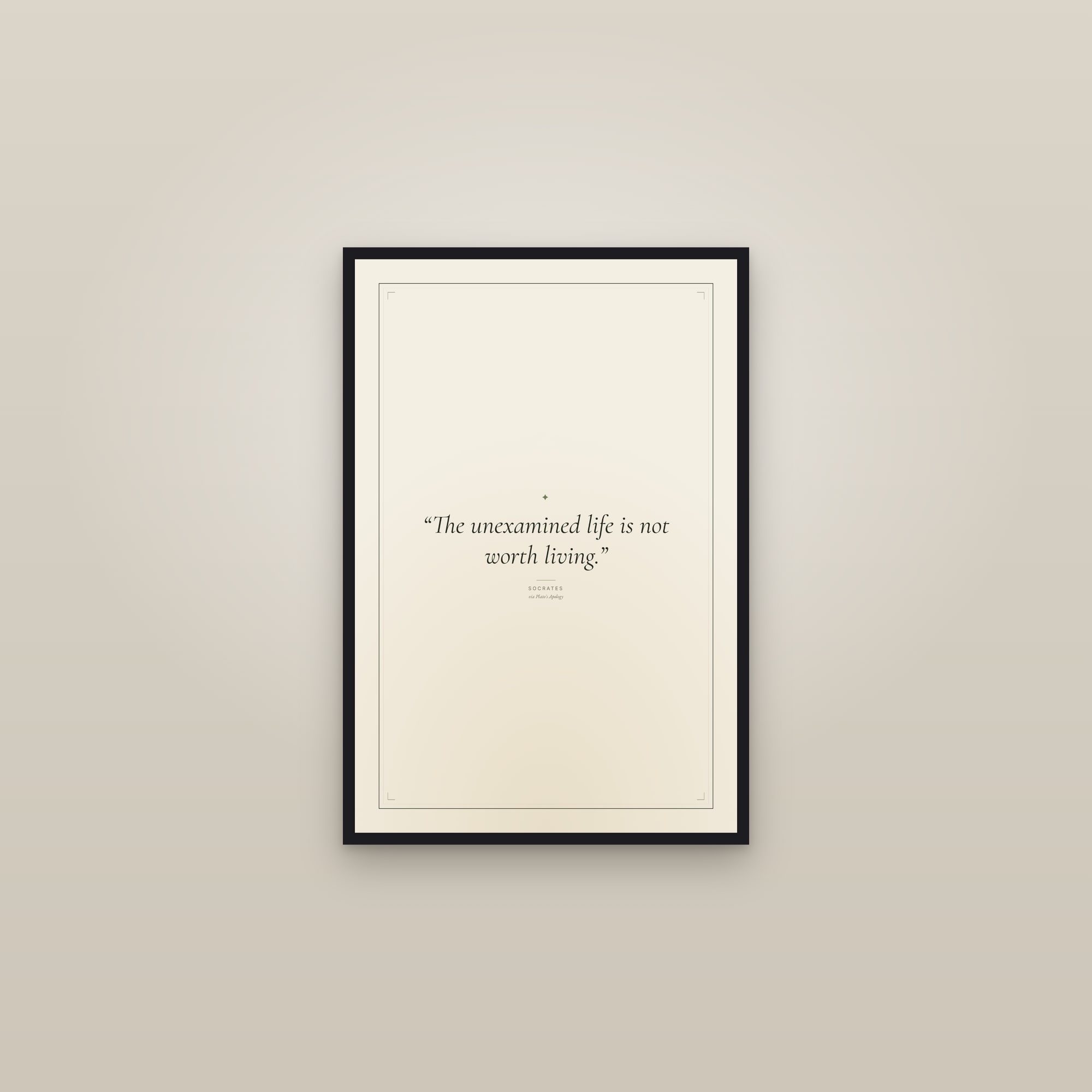 “The unexamined life is not worth living.” — framed in a gallery setting