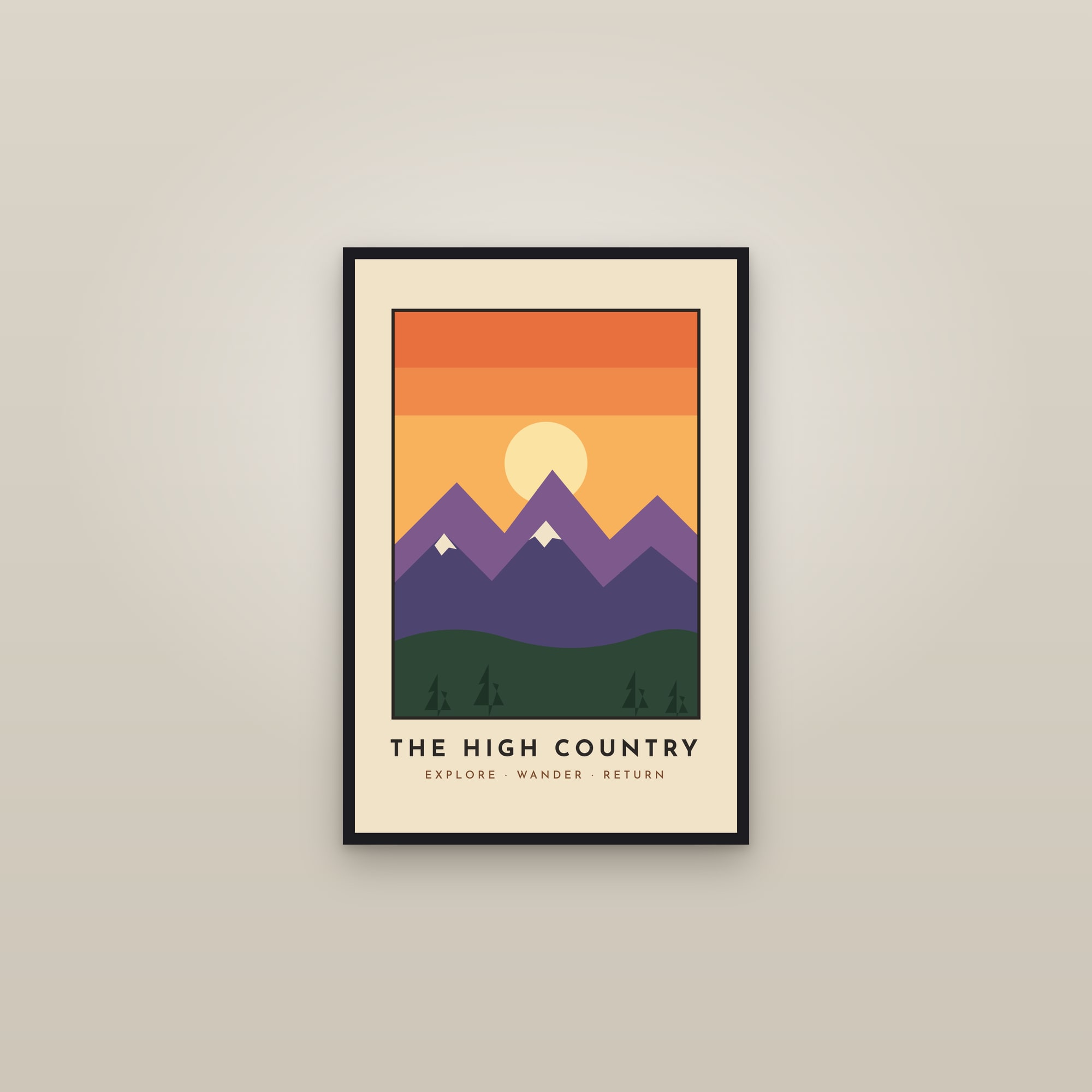 The High Country — Retro Mountain Travel Poster — framed in a gallery setting