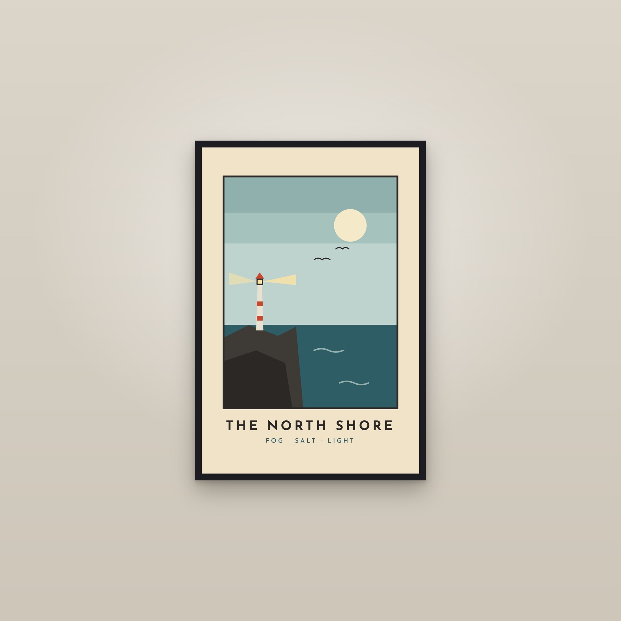 The North Shore — Retro Lighthouse Coast Poster — framed in a gallery setting