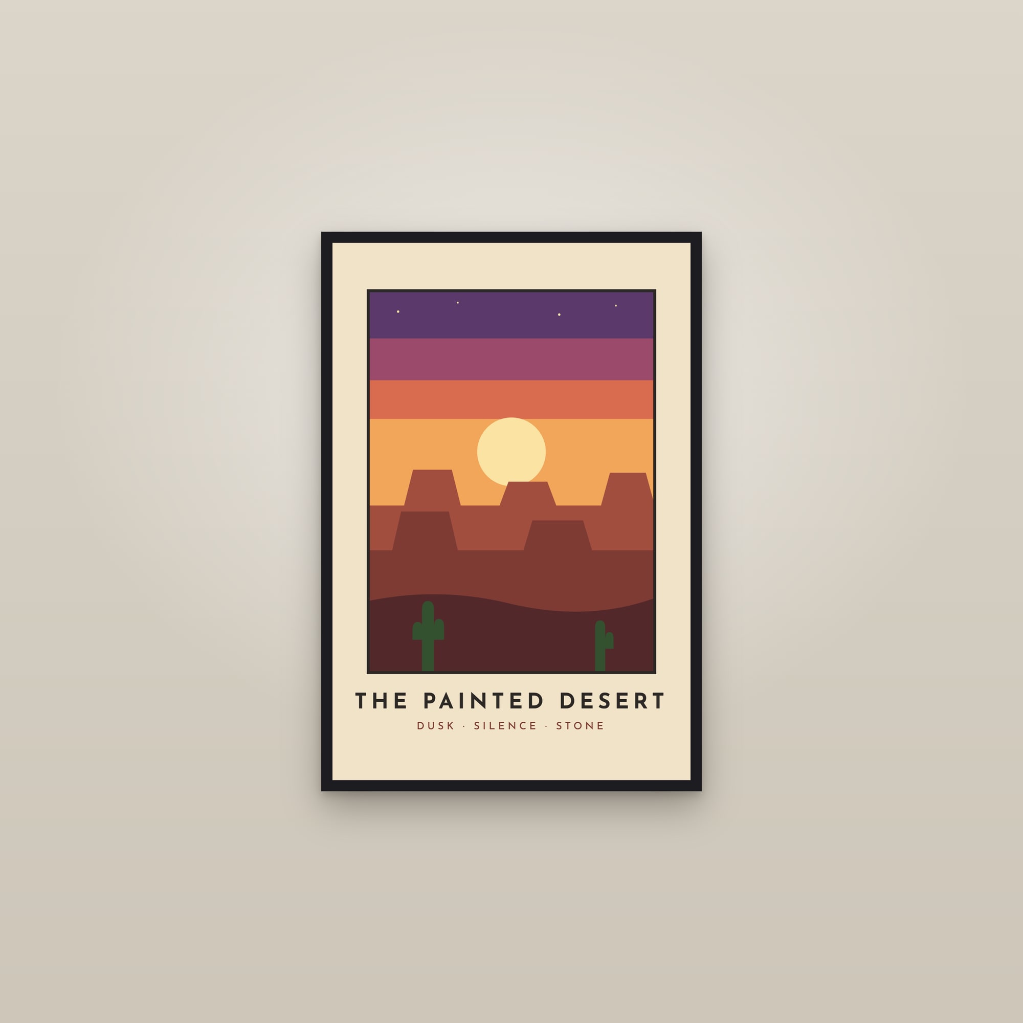 The Painted Desert — Retro Canyon Travel Poster — framed in a gallery setting