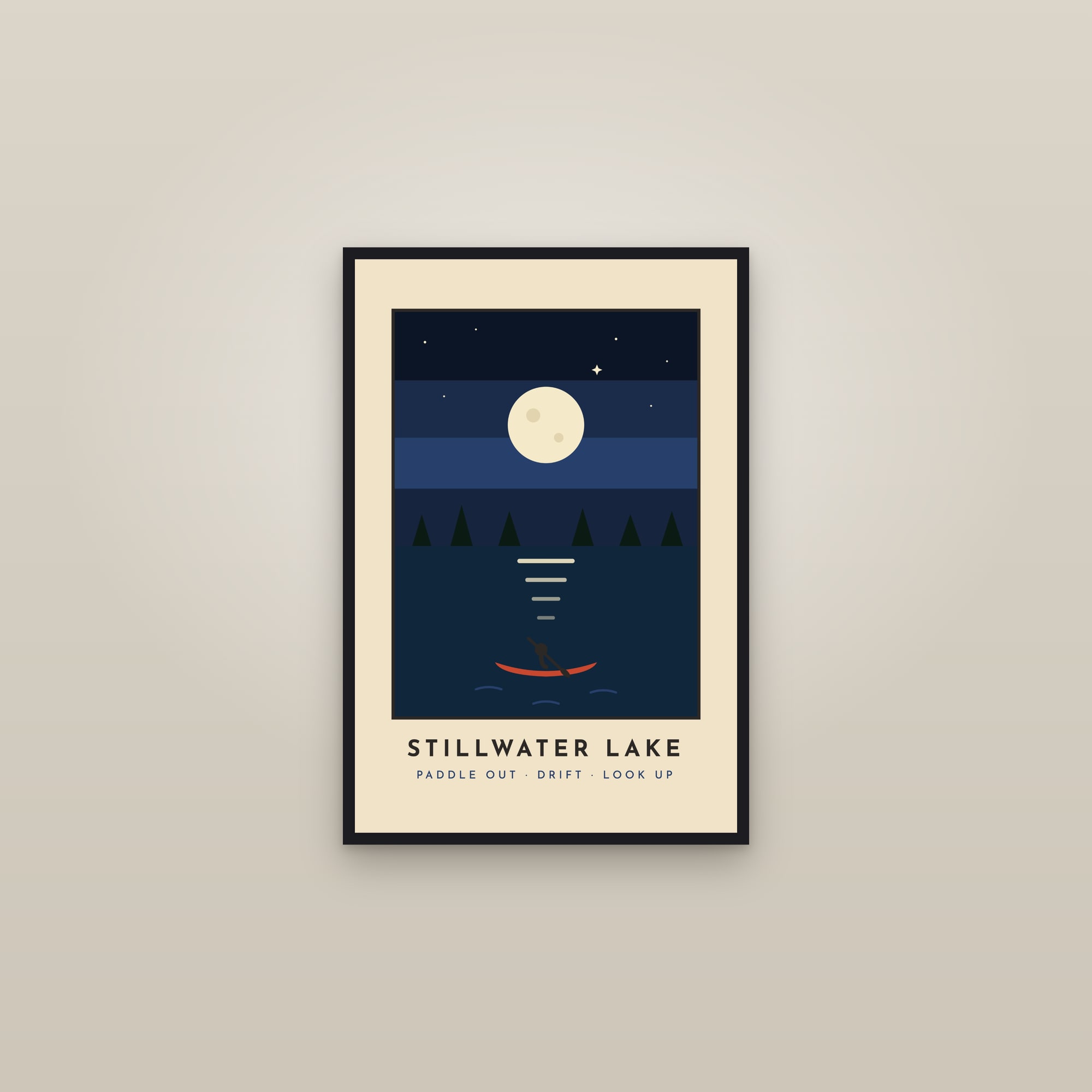Stillwater Lake — Retro Lake Canoe Poster — framed in a gallery setting