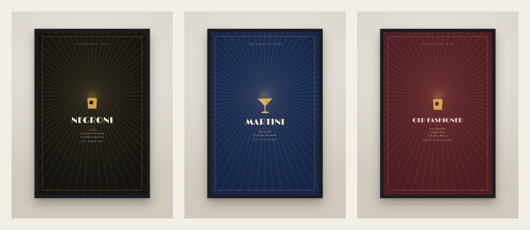 Classic Cocktails — three prints hung as a set
