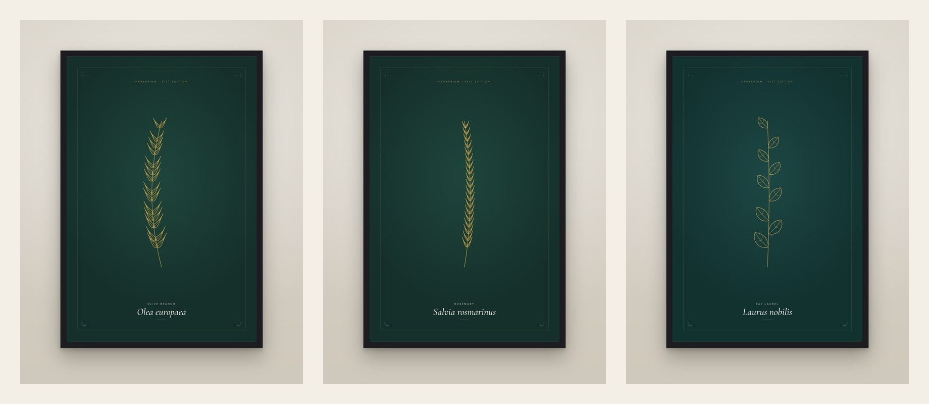 Gilt Botanicals on Green — three prints hung as a set