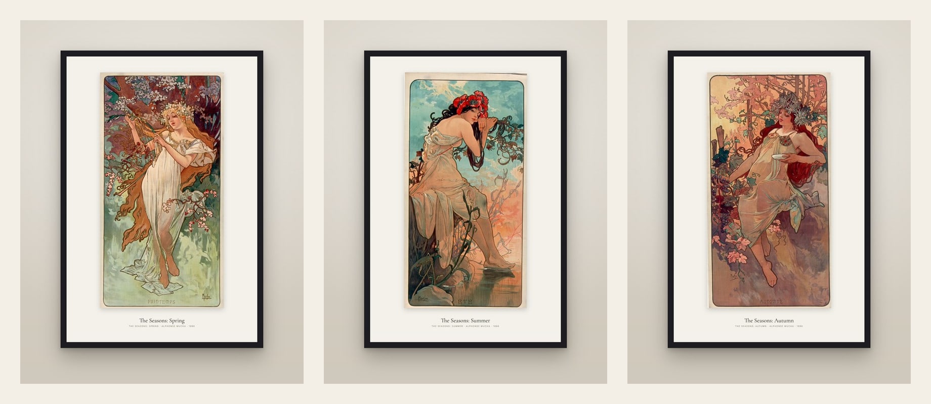 Mucha: Spring, Summer, Autumn — set of three prints