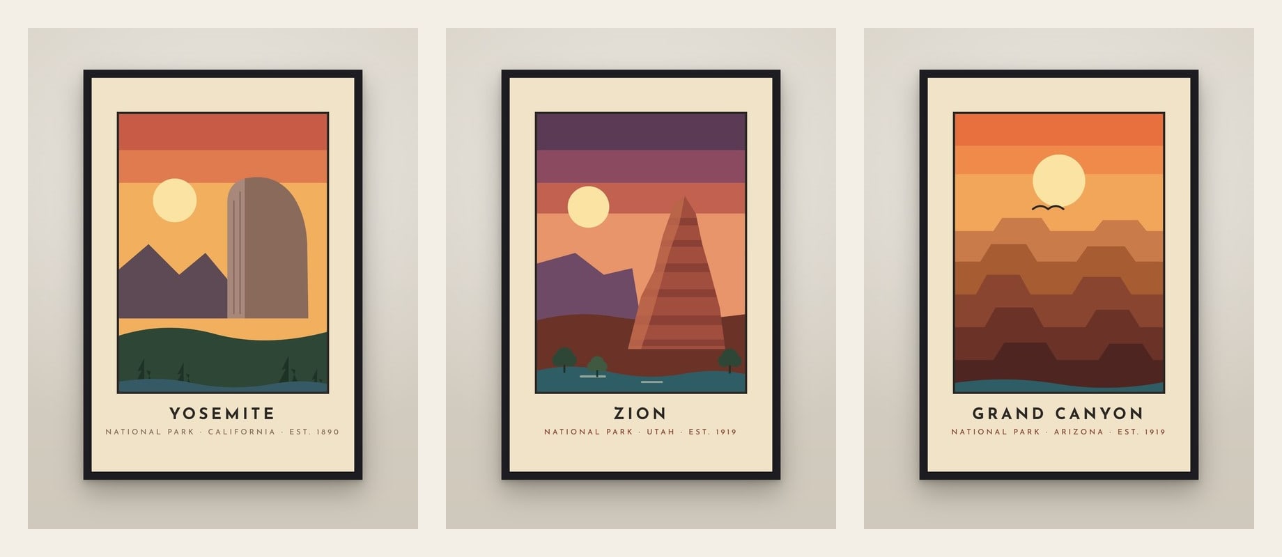 National Parks — three prints hung as a set