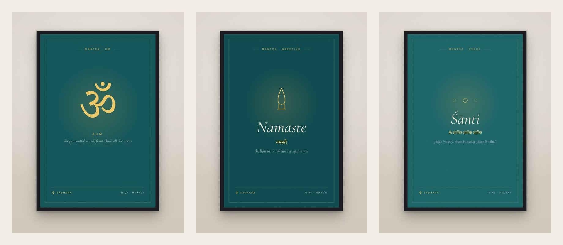 Three Mantras, Emerald — three prints hung as a set