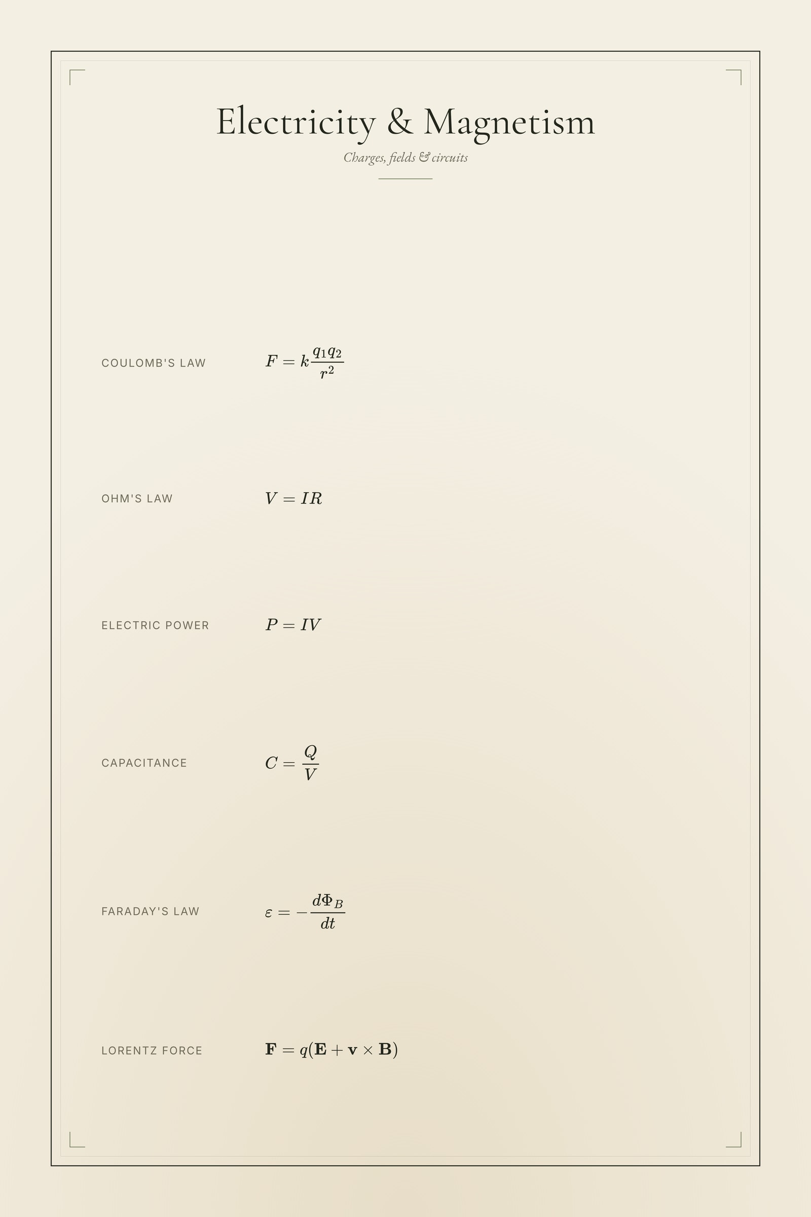 Electricity & Magnetism — Formula Sheet