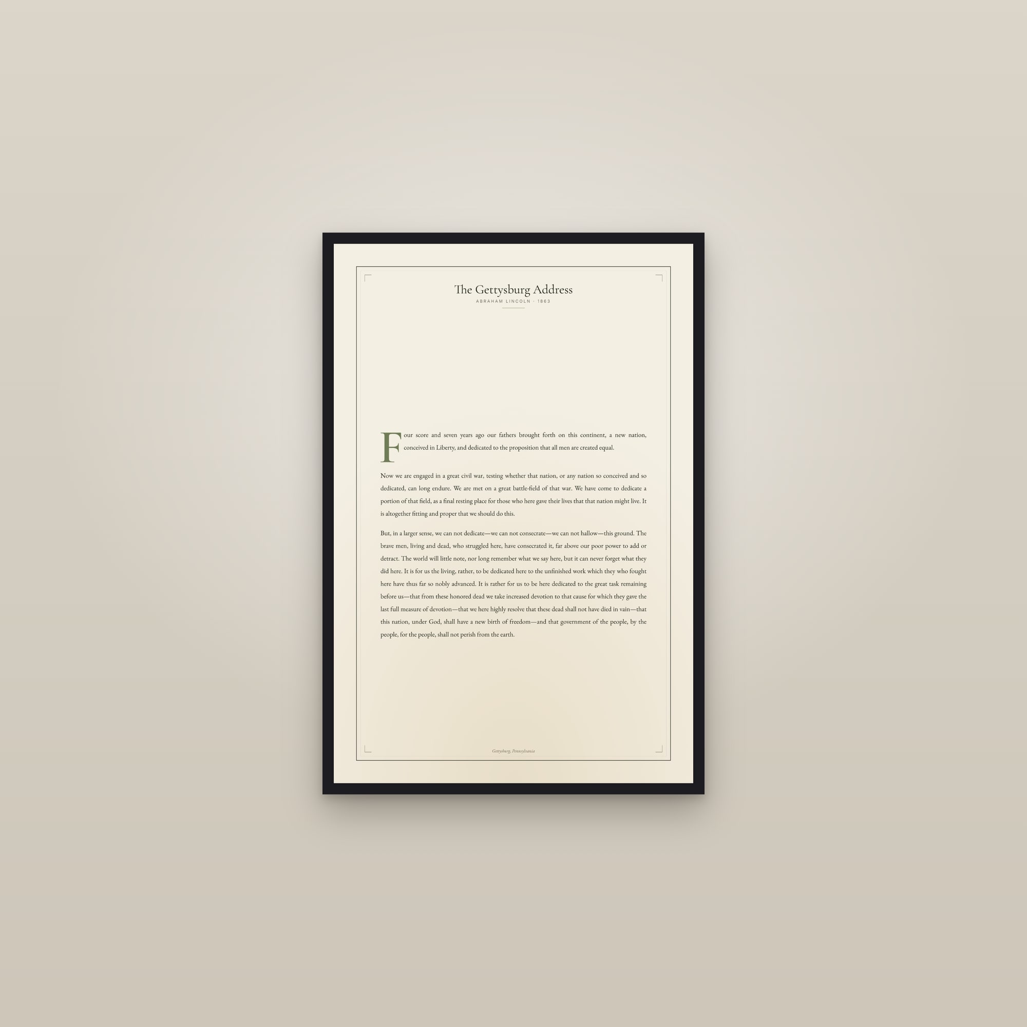 The Gettysburg Address — framed in a gallery setting