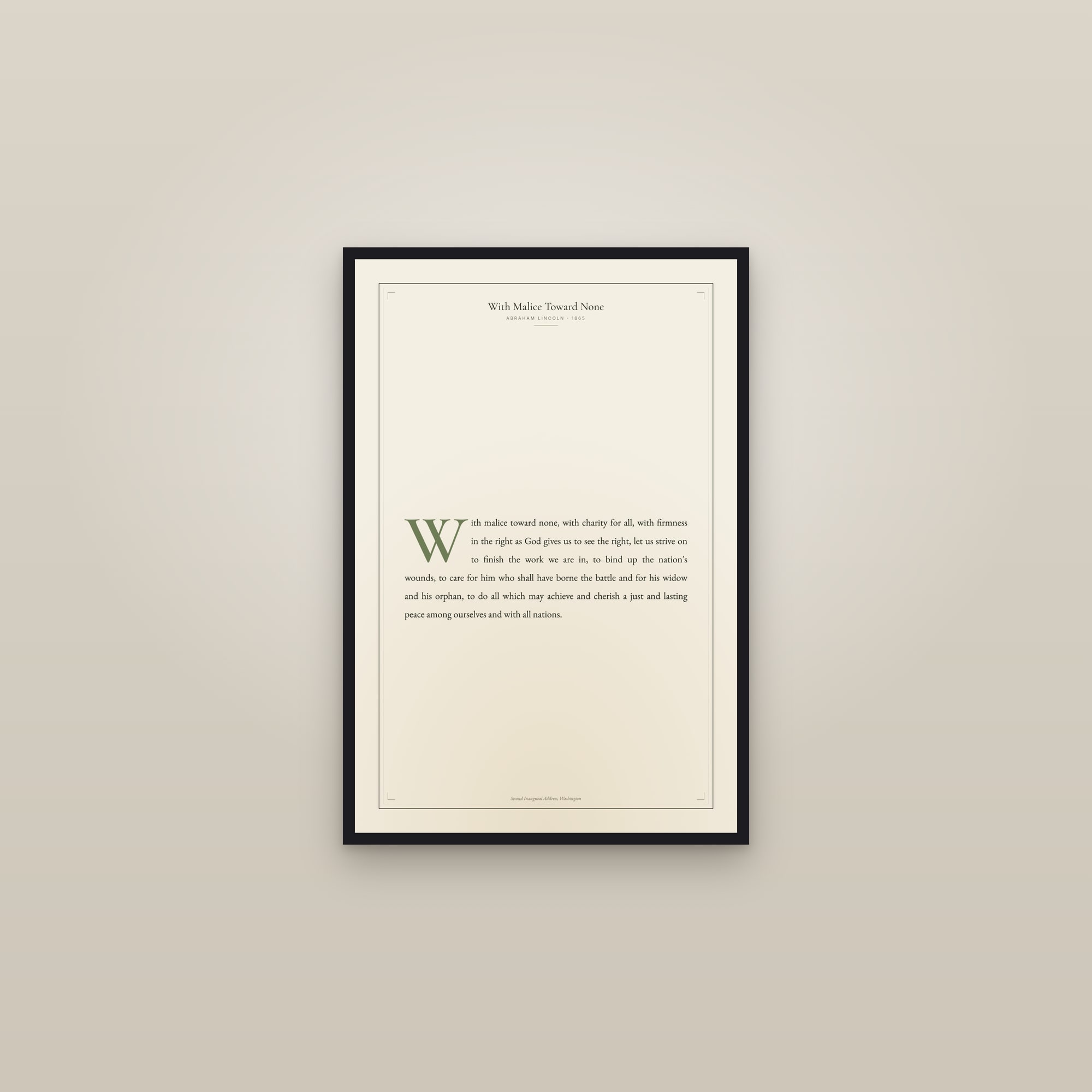 With Malice Toward None — framed in a gallery setting