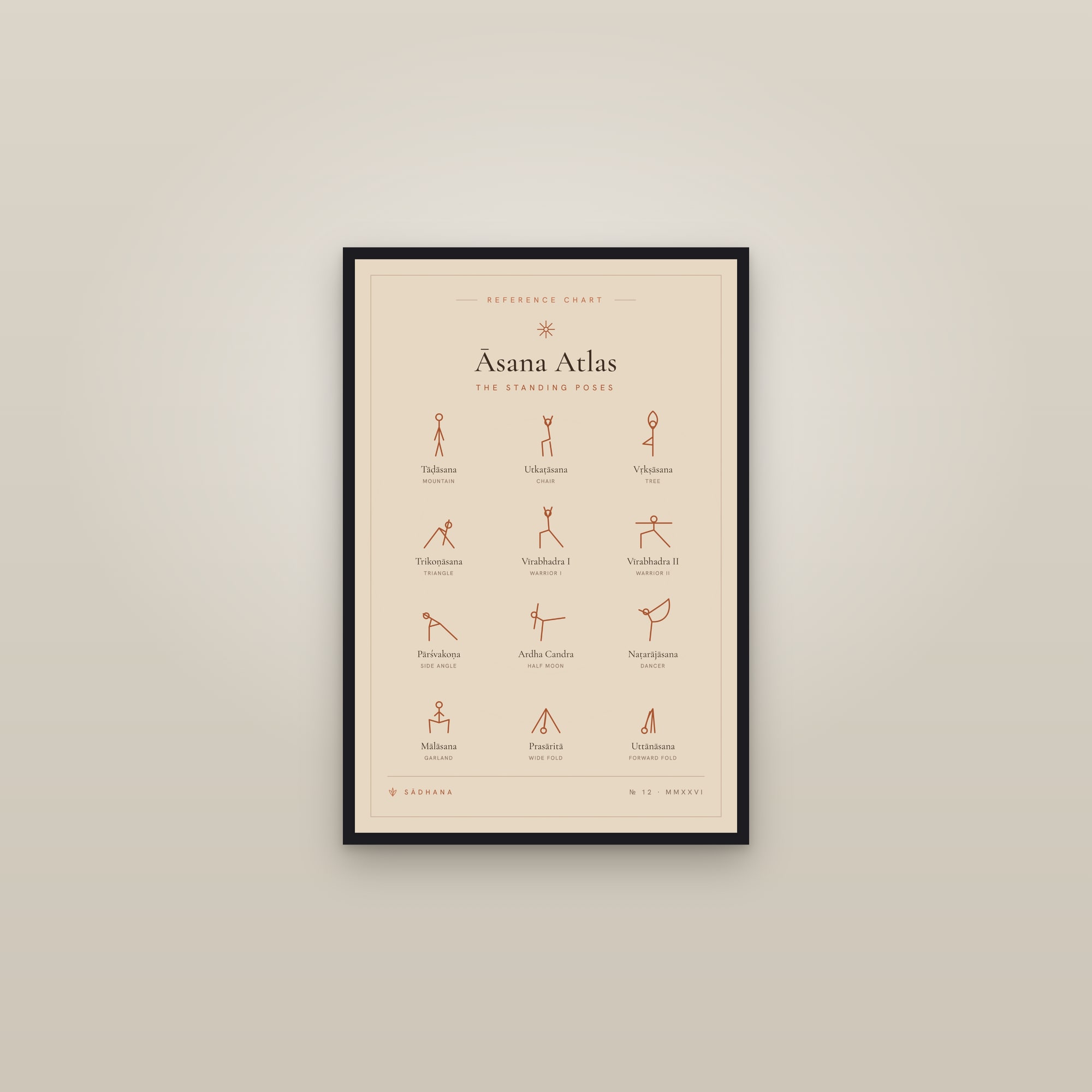 Standing Poses Chart (Terra) — Yoga Sequence Print · Yoga Wall Art — framed in a gallery setting