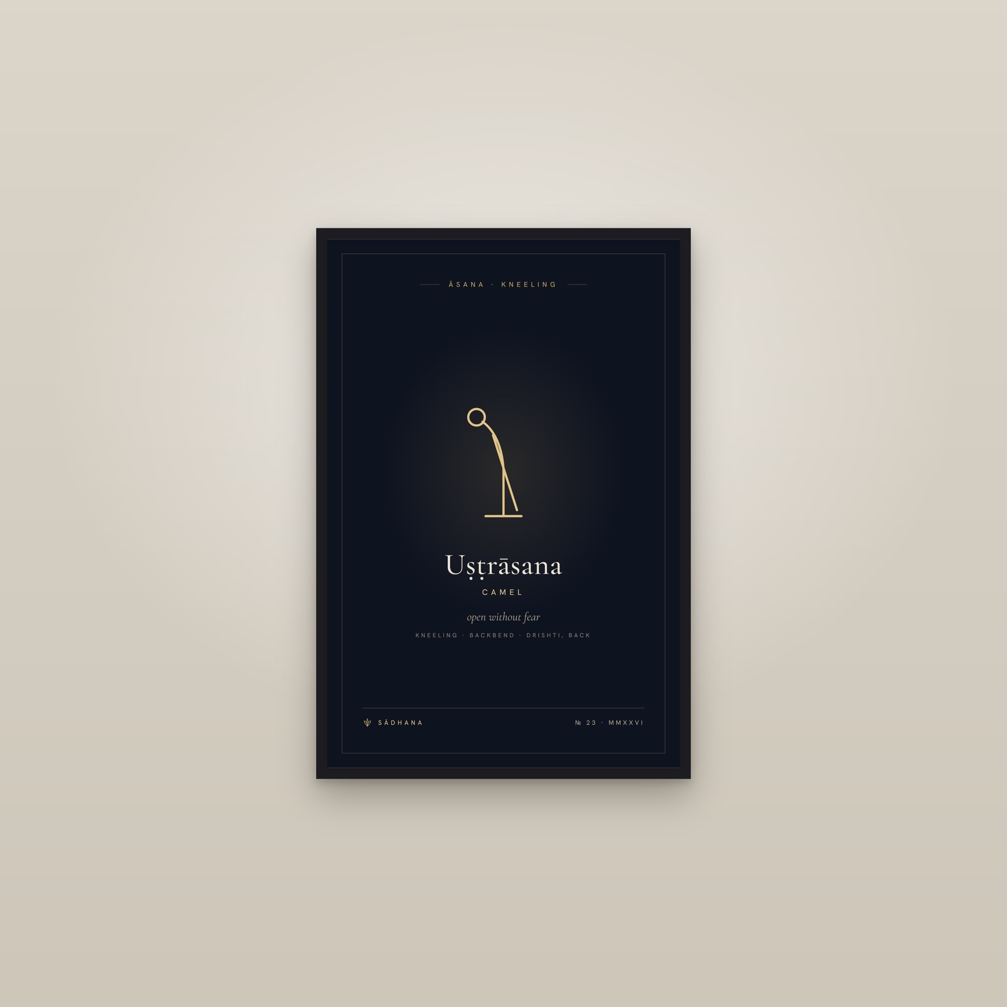 Camel Pose (Midnight) — Yoga Pose Print · Yoga Wall Art — framed in a gallery setting
